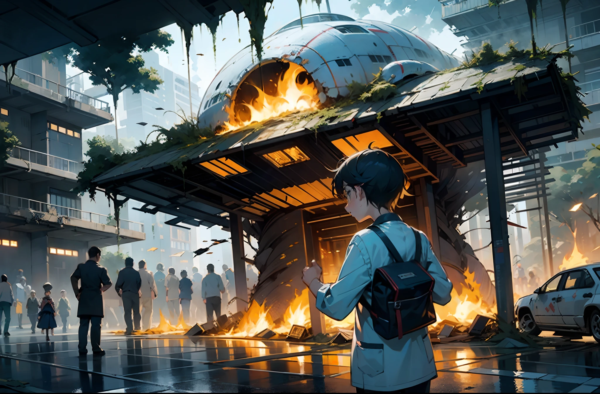 Crying children in front of a destroyed hospital in flames with a fighter jet over the hospital