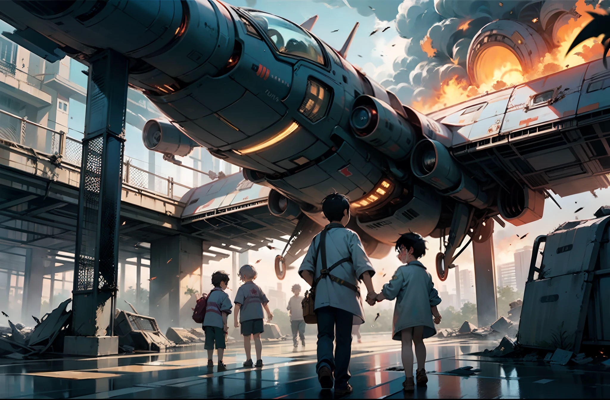 Crying children in front of a destroyed hospital in flames with a fighter jet over the hospital