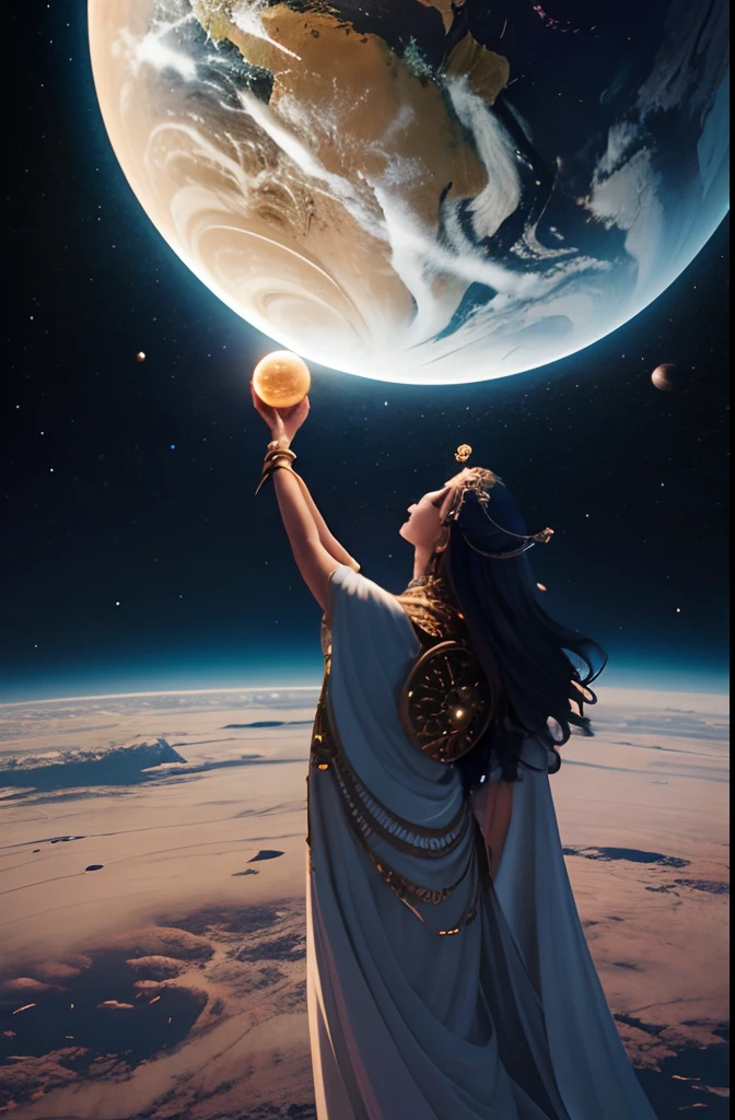 Goddess holding the world in her hands, poderosa, mulher, planetas, estrelas, cosmo, outer space, magia, cores frias, sombrio, terror, horror, many hands, auréula, divindade, vista de longe
