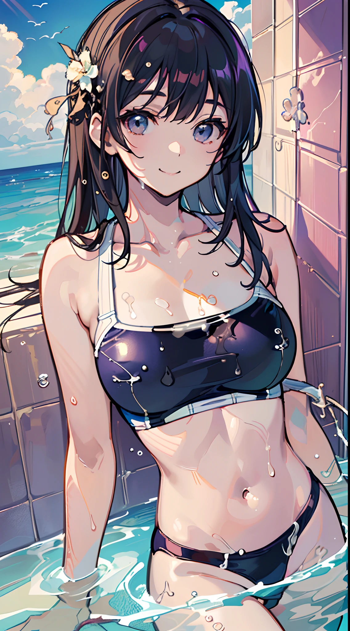 ((Finest quality)),(超A high resolution),(ultra-detailliert),(Meticulous portrayal),((Best CG)),(Finest works of art),Ultra-Precision Art,The art of astounding depiction, suns:1.5,the beach:1.5, (1人の女性:1.5),(swim wears:1.5),a smile,