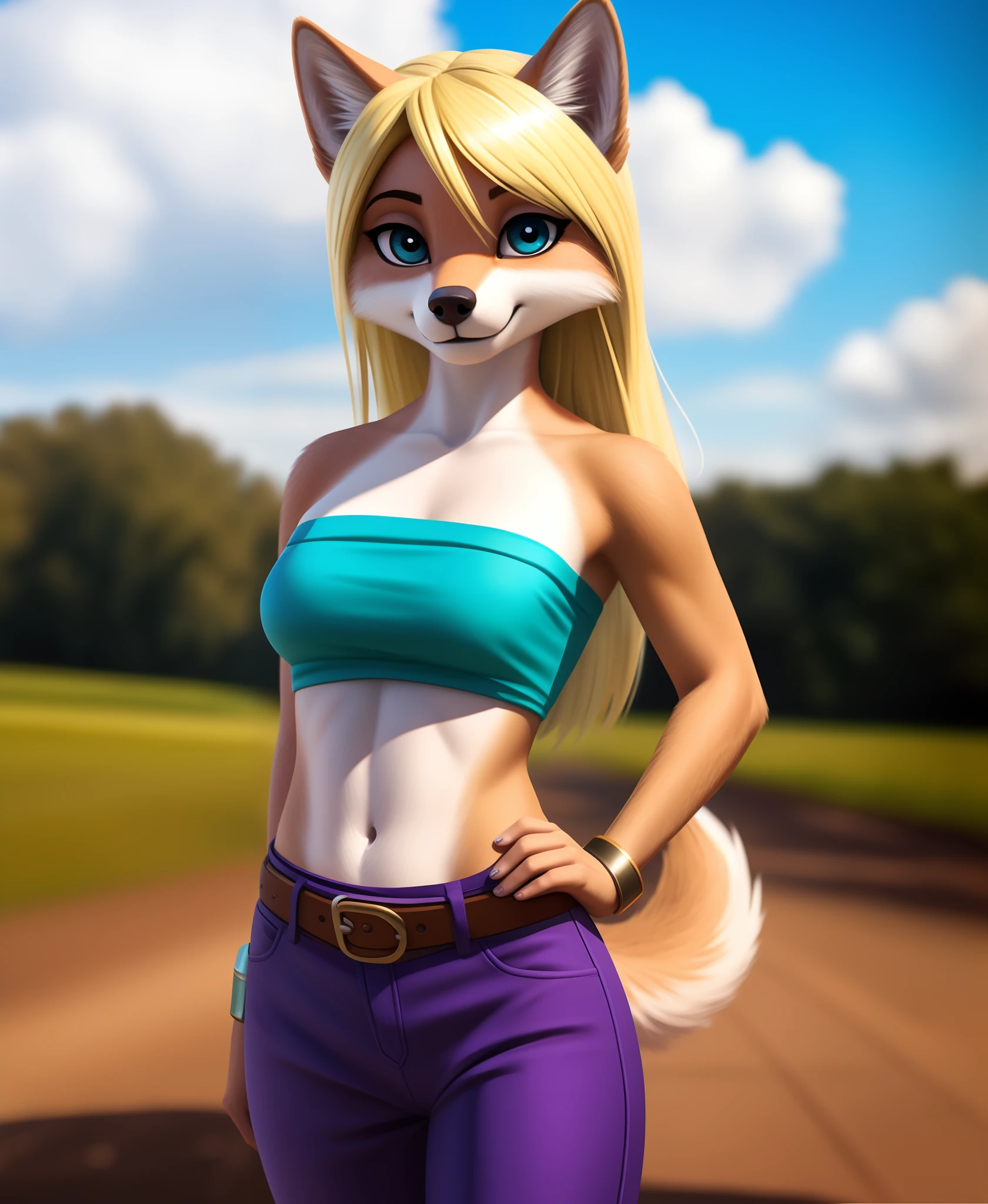 (Professional photo, photo filter, real photo, super realistic:1.2), (by qupostuv35:0.8), (by siroc:0.8), female, (Detailed face), [(thin:1.1) : small petite : (wolf):4], (Detailed face), (more details, detailed background:1.1),, masterpiece, best quality, ssjcaulifla, blonde hair, aqua eyes, tube top, purple pants, bracers, cowboy shot, looking at viewer, smile, furrowed brow, hands to hips, sky, clouds