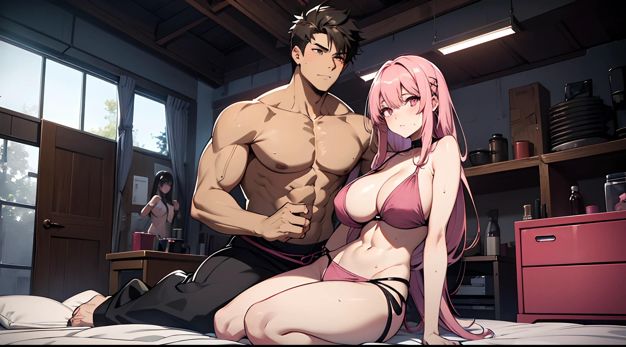 Anime, 4k, couple, 2person, pink long hair, bangs, pink eyes, huge breast, seductive, sexy, boy and girl, boy with abs, man and woman, 1 man, 1woman, body only man, cleavege, warehouse, indoor, topless man, shirtless man, untidy outfits, casual outfits, sweat, hot, dark warehouse , big boy, yandere girl, scary girl, girl grab a knife with a bloods, man sitting the chair roped body, boy kidnapped, ropped body man, knife, blood, on the bed, man in bottom, a girl kudnapping a man, seductive, hugging each other, bdsm, sitting man, girl on man's lap