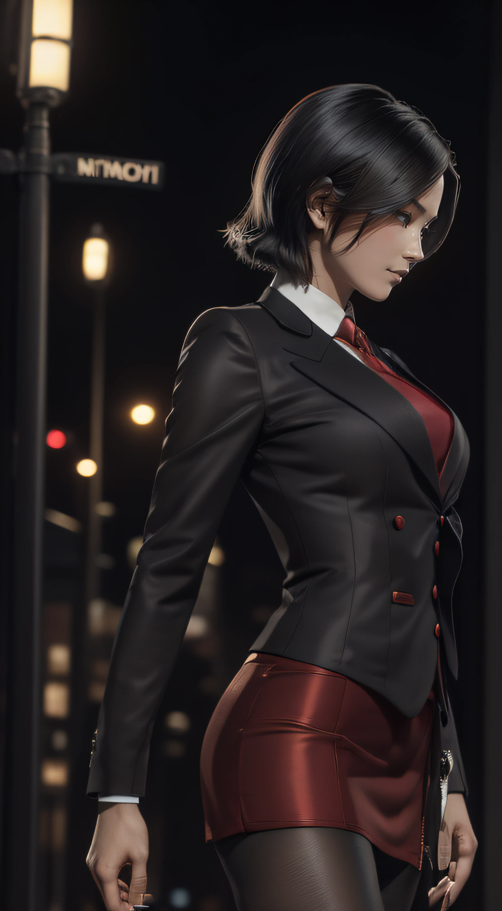 (A beautiful 25 years old Asian Hitwoman), (wolfcut black hair), (pale skin), (serious face), skirt suit, (((three-piece suit))), (((dress shirt))), (((necktie))), blazer, (((red suit jacket))), black shiny lapel (((waistcoat))), double-breasted waistcoat, (((bodycon miniskirt))), pencil skirt, tights, pantyhose, pocket square, tie clip, cufflinks, (city at night background), view from front, waist up shot, dynamic pose, ambient lighting, photo realism, intricate face detail, intricate hand details, highly detailed, vibrant colors, cinematic, high definition, trending on Artstation--style raw, on hands and knees, , aroused,