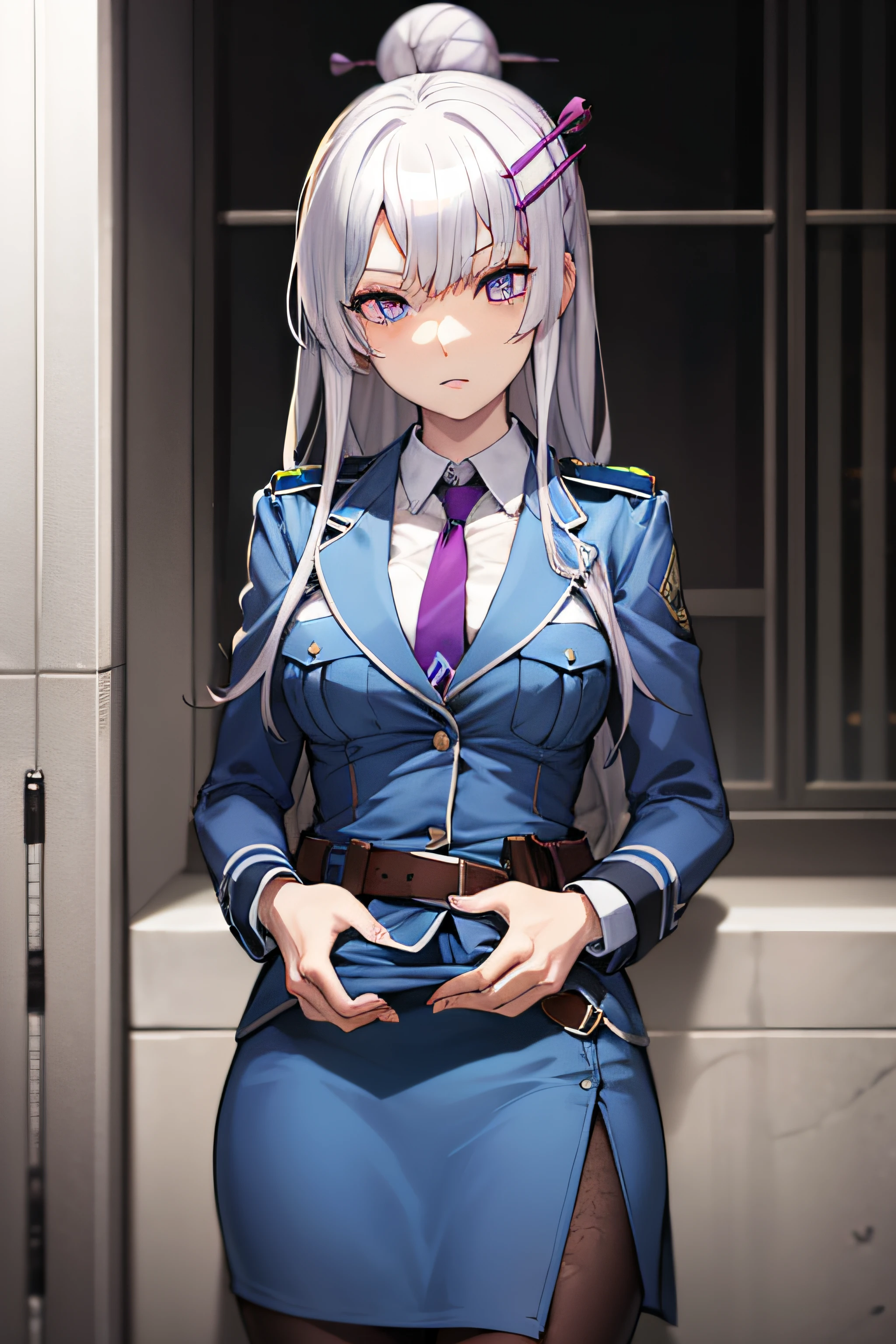 frolaytiacapistrano, frolaytia capistrano, long hair, bangs, hair ornament, (purple eyes:1.3), white hair, hair bun, single hair bun,
BREAK shirt, jacket, white shirt, pantyhose, necktie, collared shirt, belt, uniform, blue skirt, black pantyhose, military, formal, blue jacket, red necktie, pencil skirt, pocket, hair stick, ,
BREAK looking at viewer,
BREAK outdoors, city,
BREAK (masterpiece:1.2), best quality, high resolution, unity 8k wallpaper, (illustration:0.8), (beautiful detailed eyes:1.6), extremely detailed face, perfect lighting, extremely detailed CG, (perfect hands, perfect anatomy),