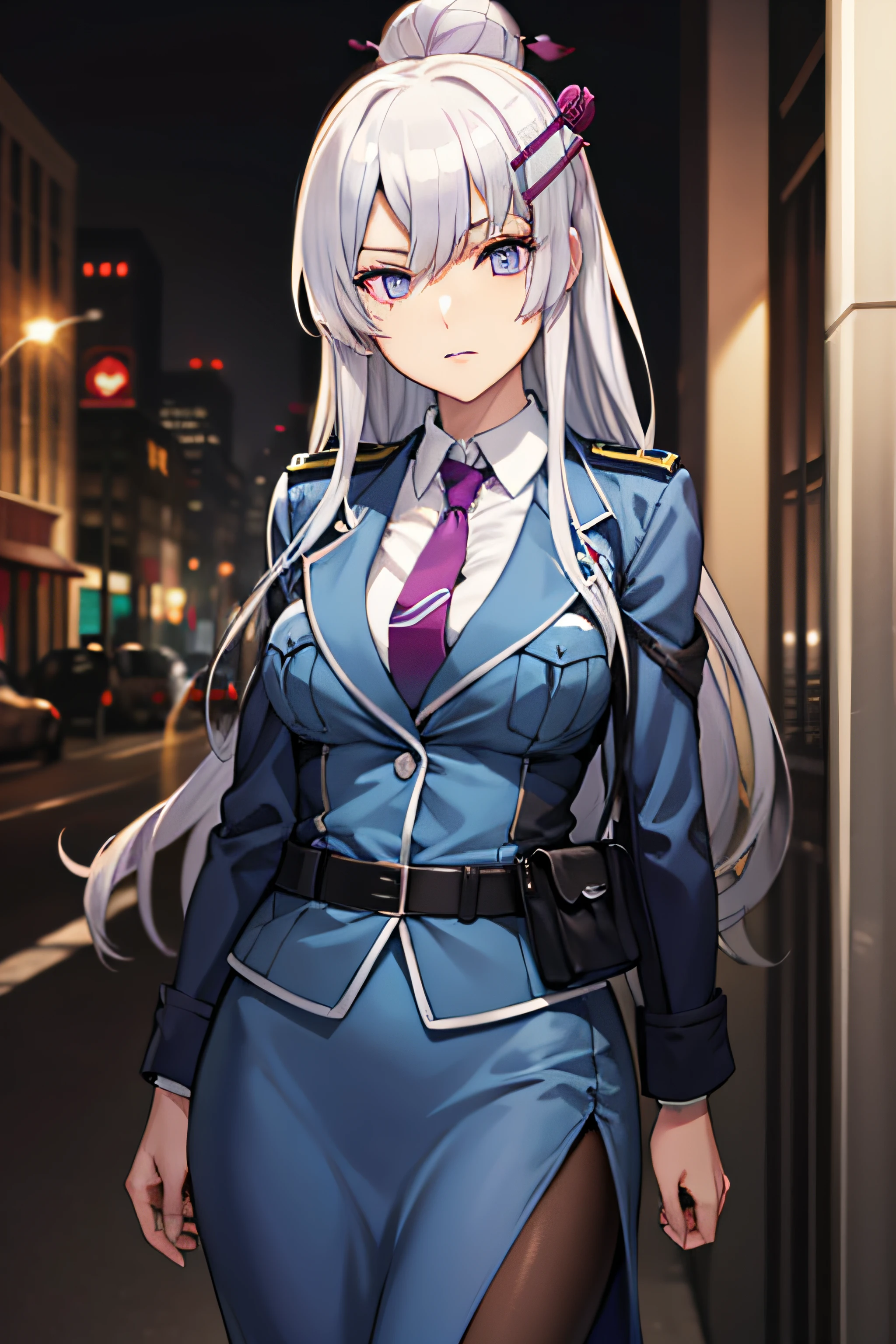 frolaytiacapistrano, frolaytia capistrano, long hair, bangs, hair ornament, (purple eyes:1.3), white hair, hair bun, single hair bun,
BREAK shirt, jacket, white shirt, pantyhose, necktie, collared shirt, belt, uniform, blue skirt, black pantyhose, military, formal, blue jacket, red necktie, pencil skirt, pocket, hair stick, ,
BREAK looking at viewer,
BREAK outdoors, city,
BREAK (masterpiece:1.2), best quality, high resolution, unity 8k wallpaper, (illustration:0.8), (beautiful detailed eyes:1.6), extremely detailed face, perfect lighting, extremely detailed CG, (perfect hands, perfect anatomy),