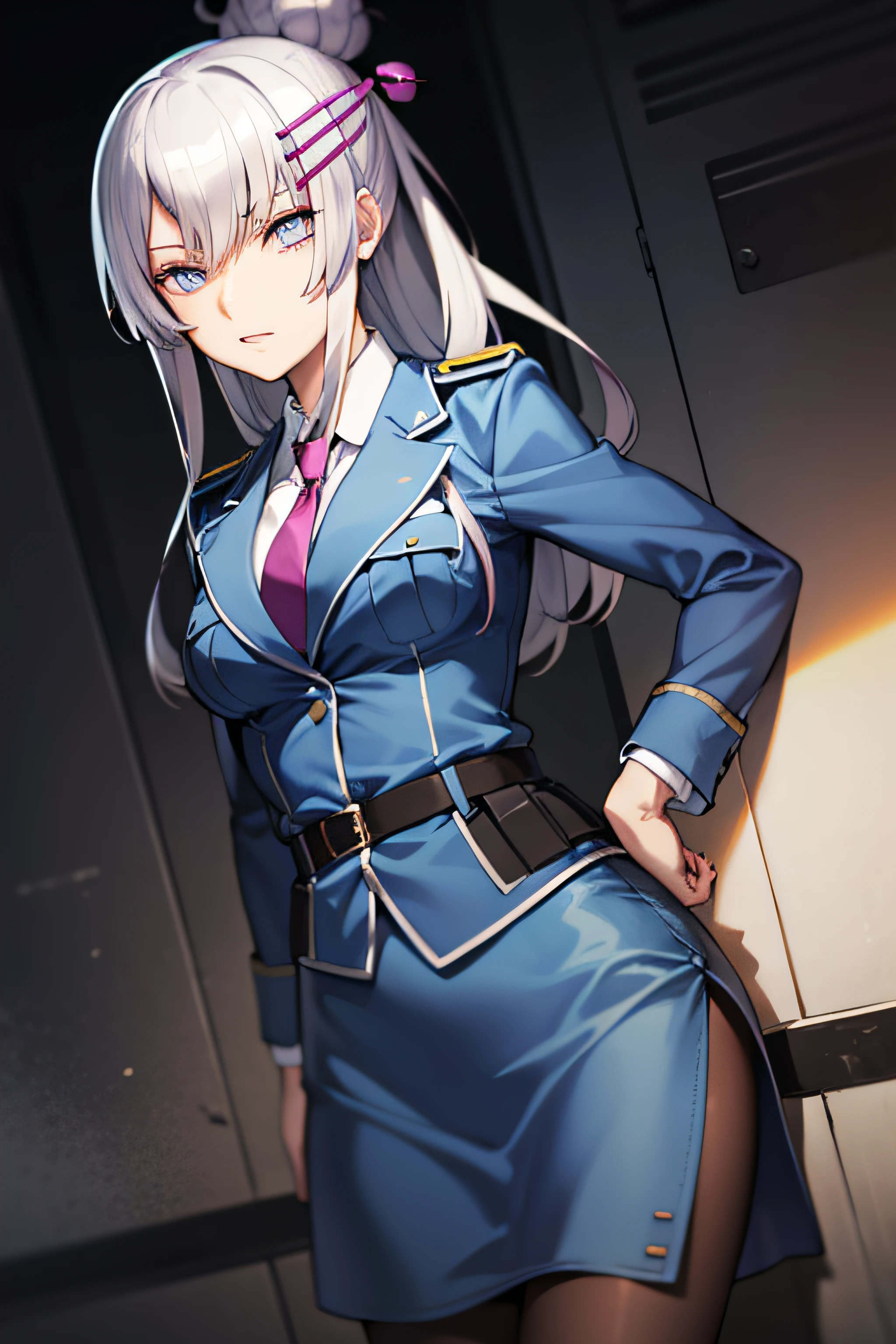 frolaytiacapistrano, frolaytia capistrano, long hair, bangs, hair ornament, (purple eyes:1.3), white hair, hair bun, single hair bun,
BREAK shirt, jacket, white shirt, pantyhose, necktie, collared shirt, belt, uniform, blue skirt, black pantyhose, military, formal, blue jacket, red necktie, pencil skirt, pocket, hair stick, ,
BREAK looking at viewer,
BREAK outdoors, city,
BREAK (masterpiece:1.2), best quality, high resolution, unity 8k wallpaper, (illustration:0.8), (beautiful detailed eyes:1.6), extremely detailed face, perfect lighting, extremely detailed CG, (perfect hands, perfect anatomy),