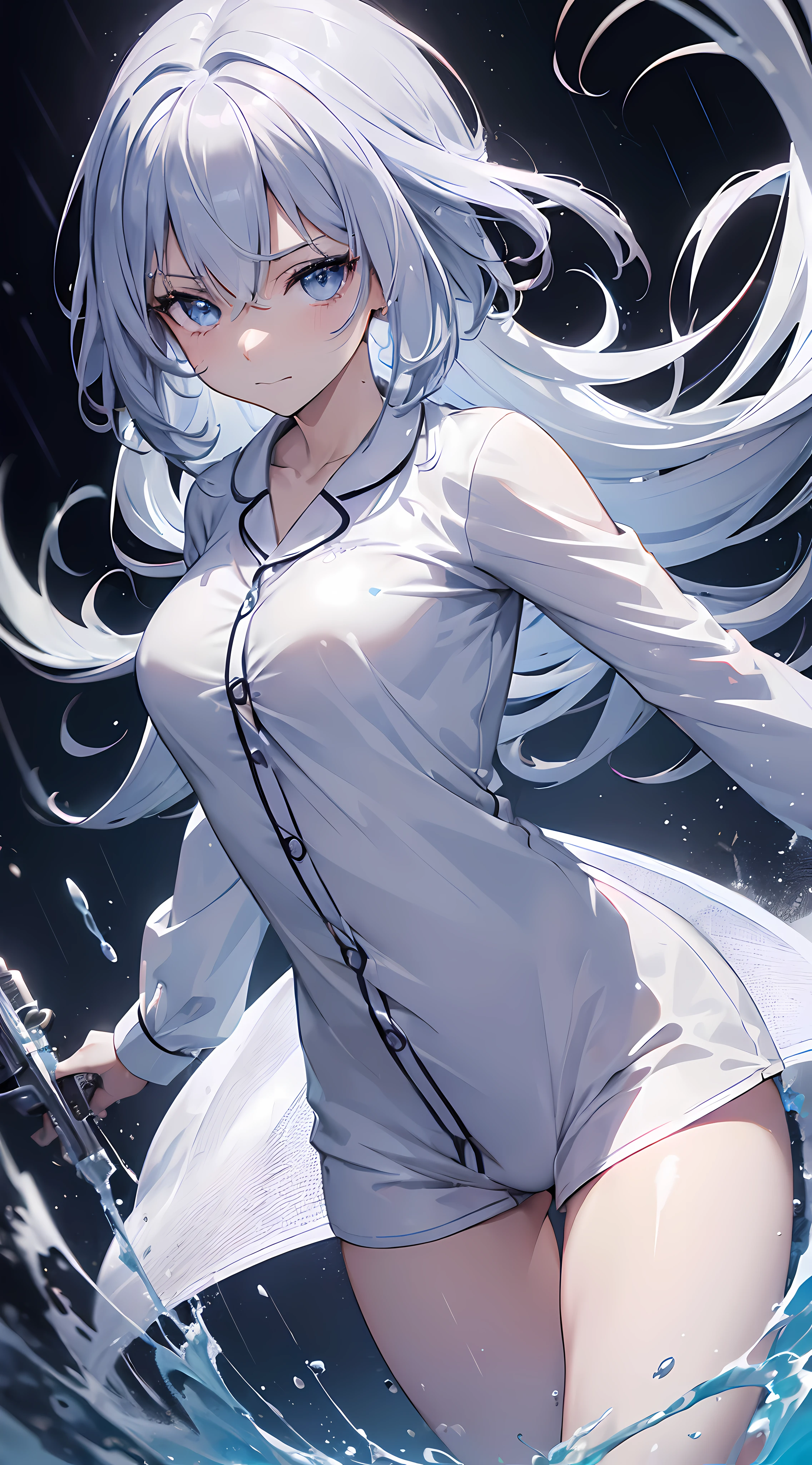 (incredible ridiculous resolution:1.6),Anime girl,Silver bright hair,Manga wallpaper,depressed eyes,(perfect body),(wearing whites stylish sport pajama),sad smile,best quality,highly detailed anime art,sharp quality,8k quality,high detail background with rain,thighs,white skin,beautiful body,1girl,lonely,looking at the viewer,clean face,no anatomy mistakes