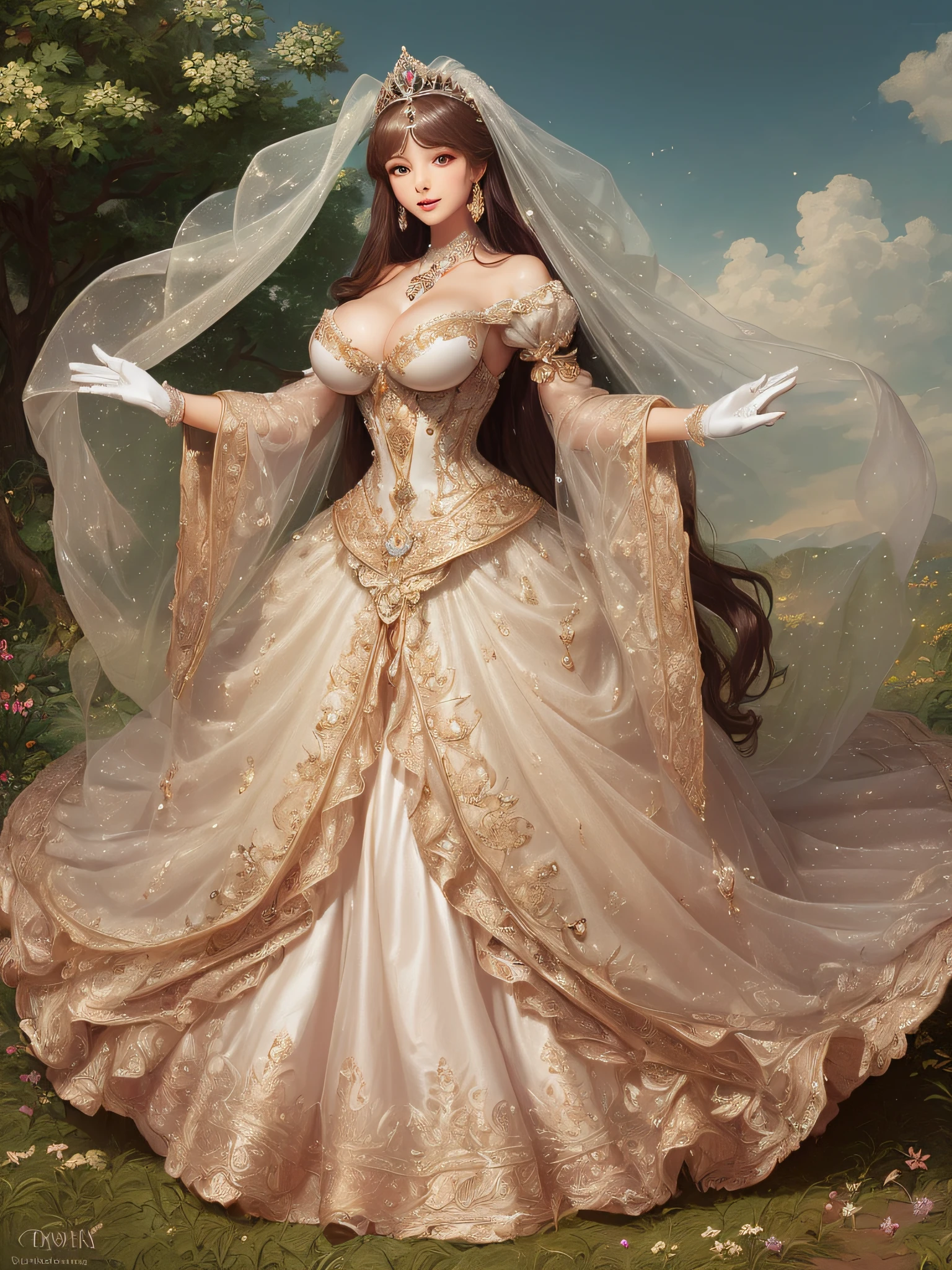 ((Anime Art Style)),(masutepiece),(Best Quality), (Super Detail),(Highly detailed CG Unity 8k wallpaper),((Very delicate and beautiful)),1 Lady,((Full body portrait)),((Stand in the garden)),((Solo)),(((One princess in a very gorgeous Rococo princess ball gown and a voluminous full-length hoop skirt adorned with gorgeous embroidery and jewels))),(((Giant Crinoline Hoop Skirt))),Long Train,((Gorgeous embroidery and jewelry)),voluminous ruffles,See-through,(((very very gigantic boobs,Skindentation))),cleavage,((Ridiculously long straight hair,Very voluminous straight long hair,Ridiculously long straight hair)),(finely detailed face and eyes),((Seductive smile,embarrassed)),clear pupils,Very gorgeous hair ornament,(A very gorgeous tiara adorned with sparkly jewels),((Glittery Gorgeous Gemstone Jewelry)),Gorgeous Long Veil,((ultra long gloves)),(Beautiful background),(Full body),((Very gorgeous Rococo princess ball gown with gorgeous embroidery and jewels and voluminous full-length hoop skirt))