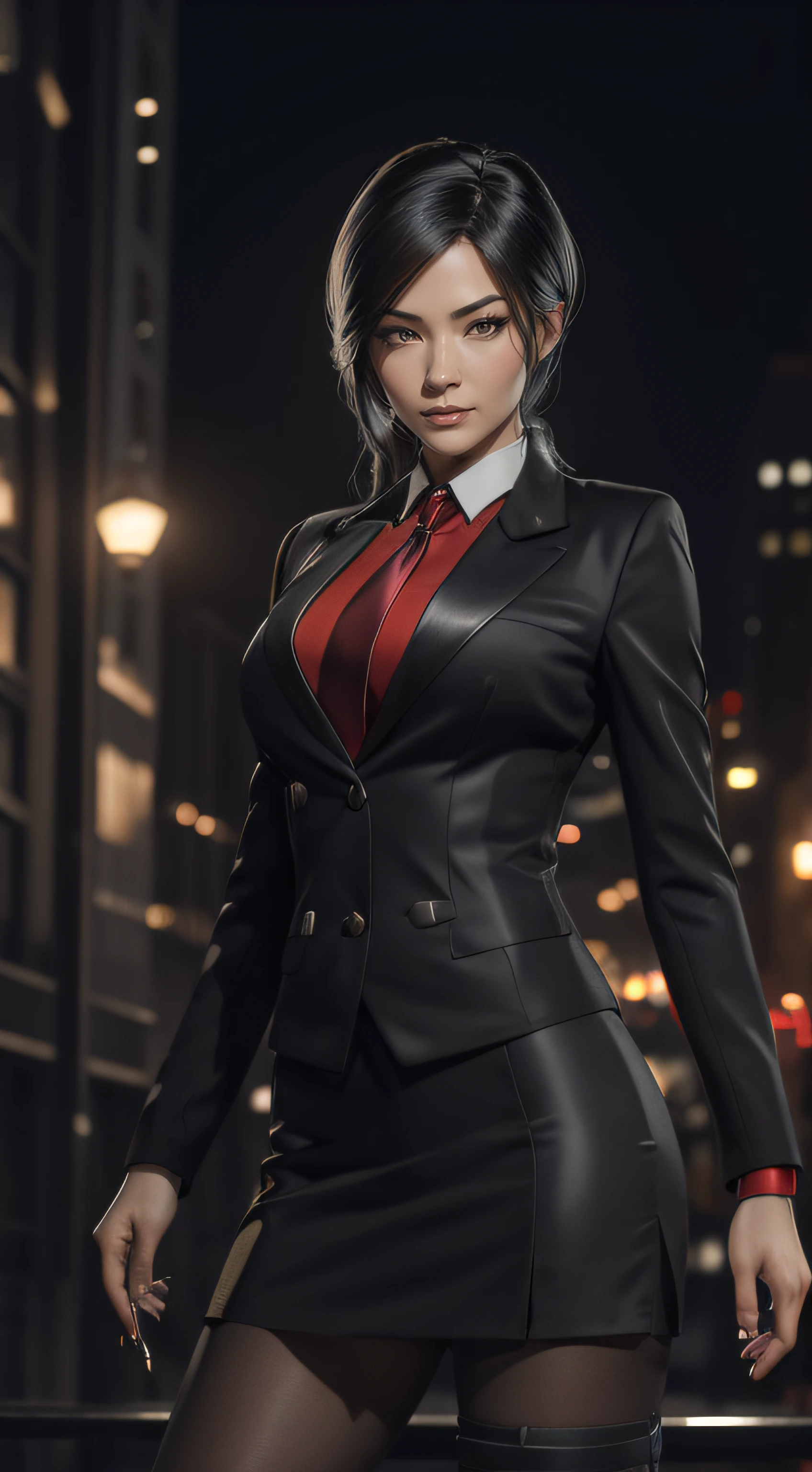 (A beautiful 25 years old Asian Hitwoman), (wolfcut black hair), (pale skin), (serious face), skirt suit, (((three-piece suit))), (((dress shirt))), (((necktie))), blazer, (((red suit jacket))), black shiny lapel (((waistcoat))), double-breasted waistcoat, (((bodycon miniskirt))), pencil skirt, tights, pantyhose, pocket square, tie clip, cufflinks, (city at night background), view from front, waist up shot, dynamic pose, ambient lighting, photo realism, intricate face detail, intricate hand details, highly detailed, vibrant colors, cinematic, high definition, trending on Artstation--style raw, on hands and knees, , aroused,