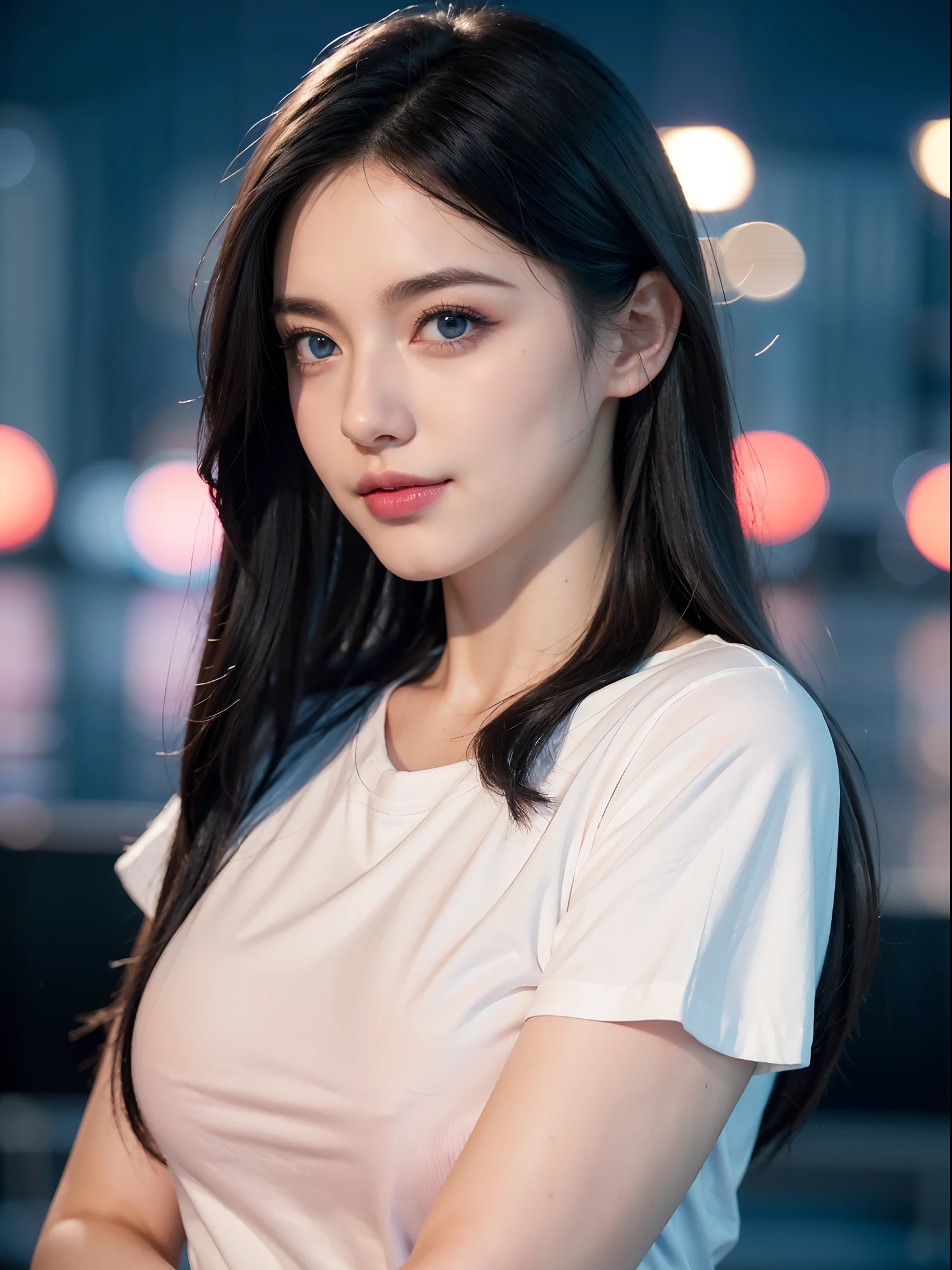 1girl, ultra realistic, ultra detail, photo realistic, reaistic, 4k, blue eyes, dark hair, realistic hair, beauty make up, nice chest, white tshirt, smilling, perfect eyes, perfect lip, background night city bokeh, profesional lighting