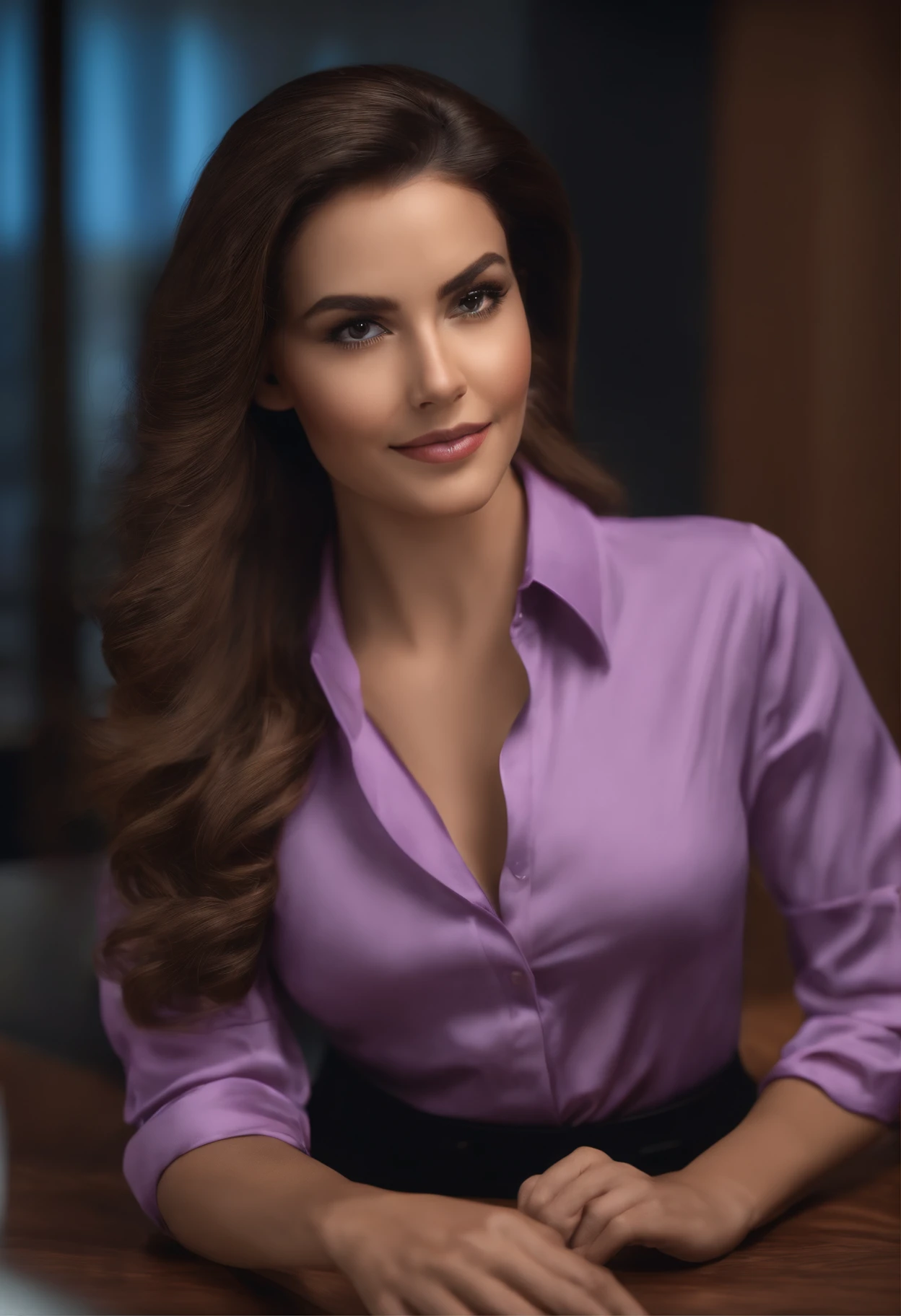 Qualidade Superior, lilac silk shirt jeans , Shorty Definition, 1girl, Rosto bonito e perfeito, sorridente cabelo longo andulados castanho, Businesswoman's clothing,quimono, detalhes intrincados, cinematic feel, 8k, Very detailed photorealistic,in an office