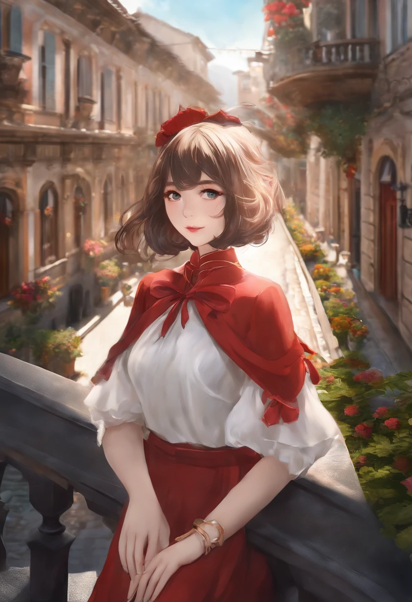(Obra maestra,Nuevo,excepcional:1.2), anime,1girl,flequillo,negro_cabello, Hermosos ojos 8K,azul_Cielo,puente,edificio,castillo,Ciudad,Paisaje urbano,nube,tag,vestido,Looking_en_espectador,al aire libre,rojo_Ropa de cuello,rojo_cinta,cinta,Kali,corto_cabello,corto_Mangas,Cielo,Rascacielos,solamente,En pie,Ciudad,Agua