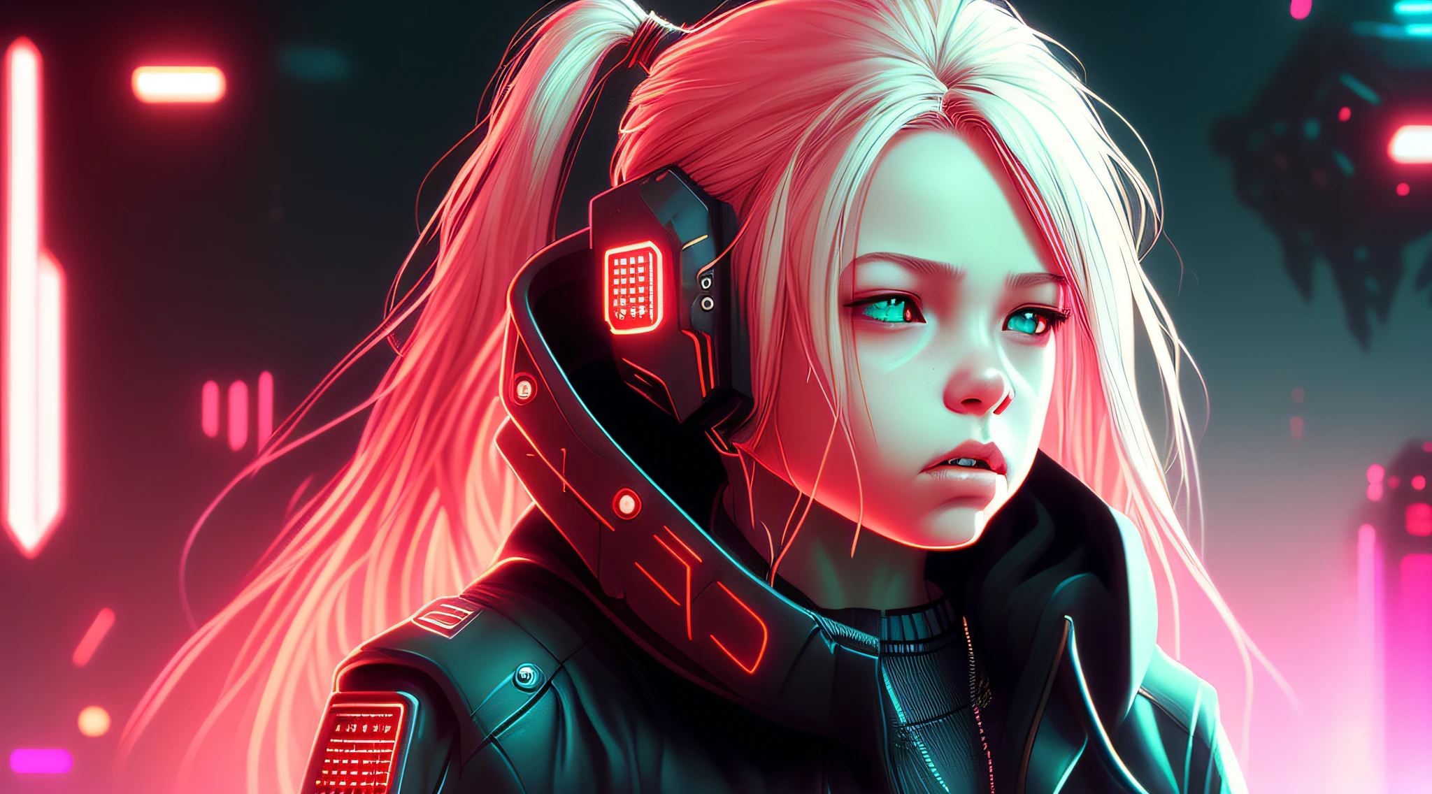 BLONDE LONG HAIRED CHILD GIRL,  com capuz vermelho sentada em frente a um computador, hacker cyberpunk, 3 d render bipe, estilo cyberpunk hiper-realista, Garota de anime cyberpunk com capuz, red and cinematic lighting, Cybernetic style, cinematic beeple, bipe. octan render, no estilo cyberpunk, Hybrid style beep blend, em estilo de bipe