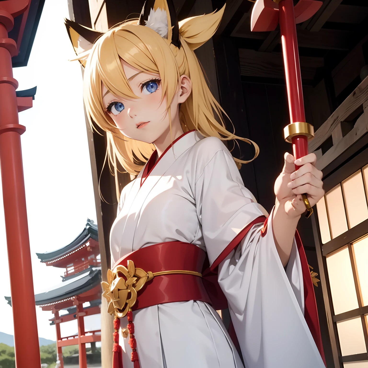 kagamine rin, shrines, shrine maiden, Fox ears:1.8、priestess ((Japan traditions)), Blue eyes, a blond, Red lips, Beautiful Girl, 1girl in, Holding ceremonial staff