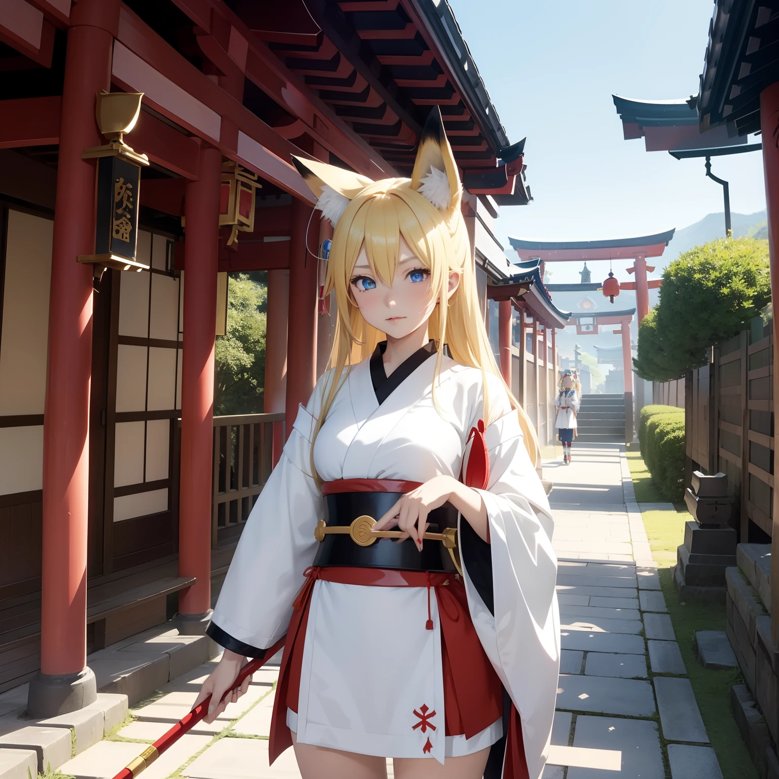 kagamine rin, shrines, shrine maiden, Fox ears:1.8、priestess ((Japan traditions)), Blue eyes, a blond, Red lips, Beautiful Girl, 1girl in, Holding ceremonial staff