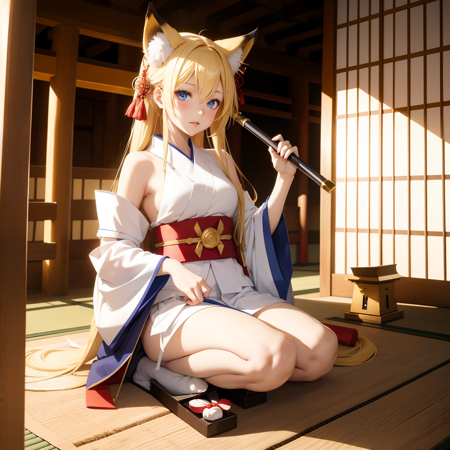 kagamine rin, shrines, shrine maiden, Fox ears:1.8、priestess ((Japan traditions)), Blue eyes, a blond, Red lips, Beautiful Girl, 1girl in, Holding ceremonial staff