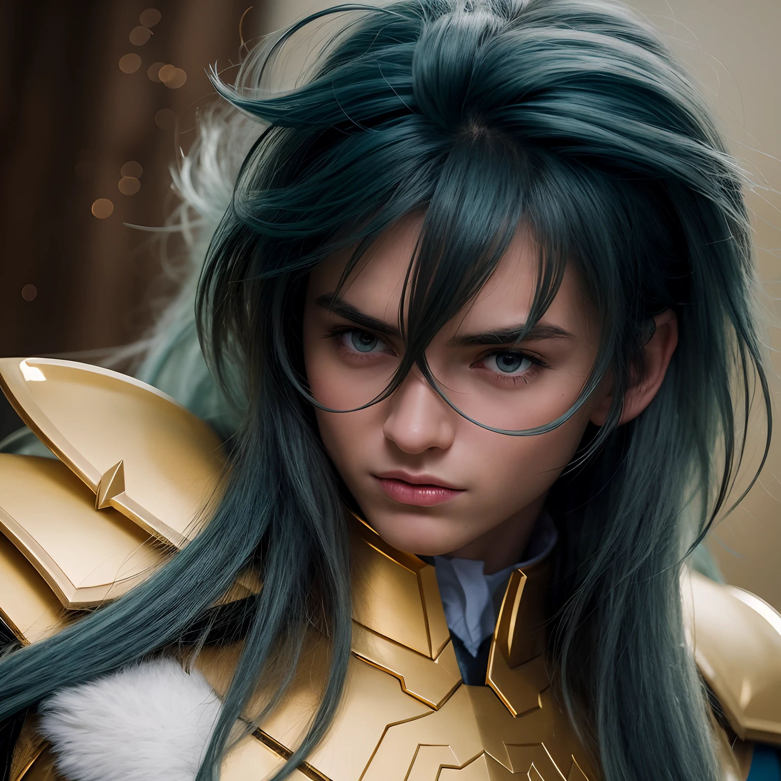 cinemactic, incrivelmente detalhado e ultrarrealista, Camus of Aquarrius Saint Seiya. Close up. He's wearing pretty realistic golden armor. Armadura dourada brilhante. Bright golden armor. Octane is the perfect tool to capture the softest details of this 16k photography masterpiece. He is a handsome white man about ((35 years old.)) 1 homen. ((French man)). beautiful face. Rosto detalhado. Nariz bonito. (Olhos azuis muito grandes). olhos perfeitos. ((depilado)).  Strong expression. He has long light teal blue hair. messy hair with bangs. messy hair. Pelas de rosas flutuando em torno ele. Landscape starry sky.