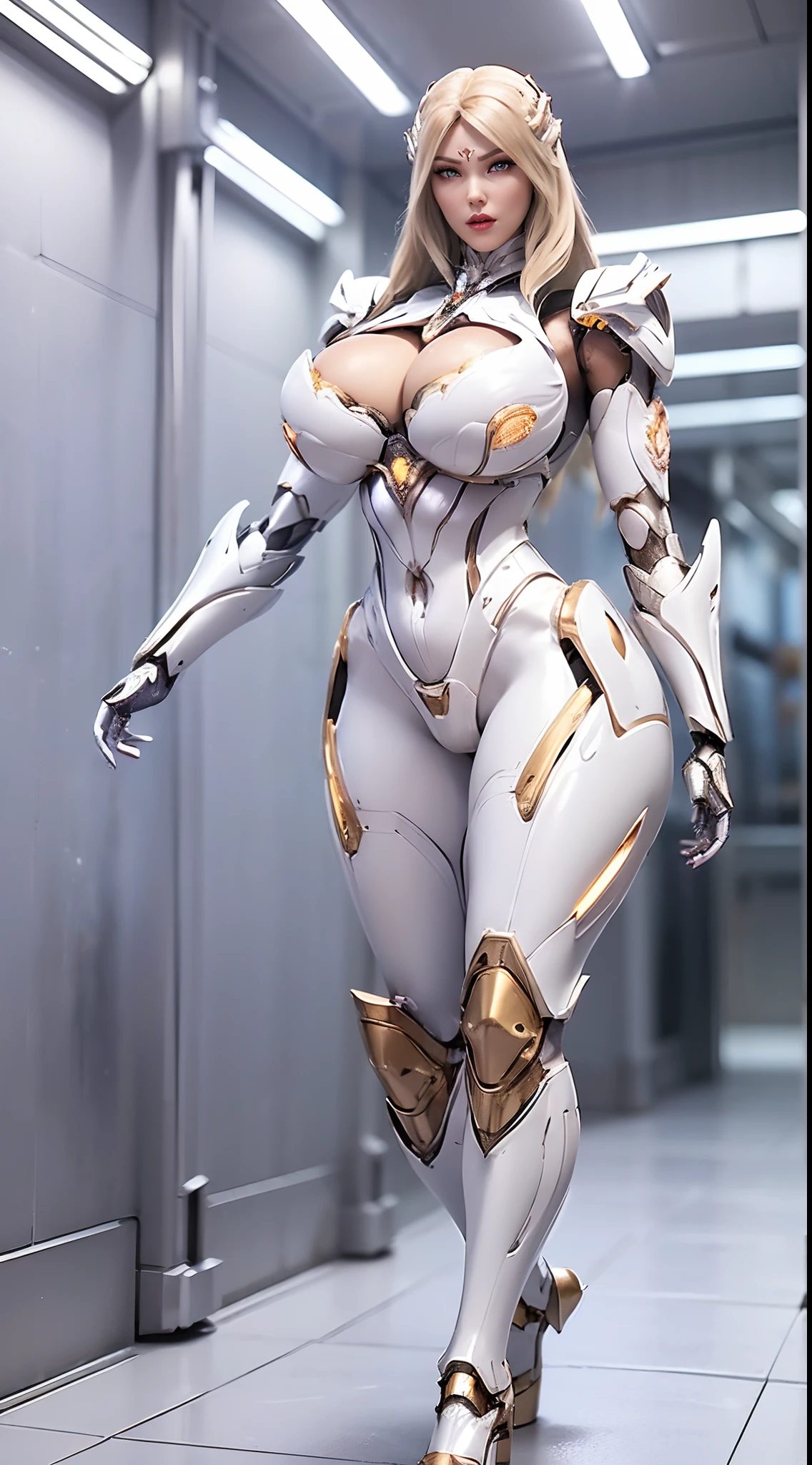 Ai Girl, (1GIRL, ALONE, SOLO), (super detailed face), (pheonix mecha helm), (BIG BUTTOCKS, 11 LINE ABS, CLEAVAGE, HUGE FAKE BREASTS:1.5), (MECHA GUARD ARM:1.3), (gold,white,purple, MECHA CYBORG ARMORED, MECHA SKINTIGHT SUIT PANTS, DIAMOND CORE IN ARMOR, MECHA GUARD ARMOR LEGS, HIGH HEELS:1.5), (THICC MUSCULAR CYBORG BODY, SEXY LONG LEGS:1.1), (LOOKING AT VIEWER:1.3), (female focus:0.886), (WALKING DOWN HALLWAY OF FUTURISTIC SPACE STATION:1), (BRIGHT LIGHTING WHITEROOM:1.5), SUPER TEXTURE, UNREAL ENGINE RENDER, PHYSICALLY-BASED RENDERING, ULTRA HIGHT DEFINITION, 16K, 1080P.