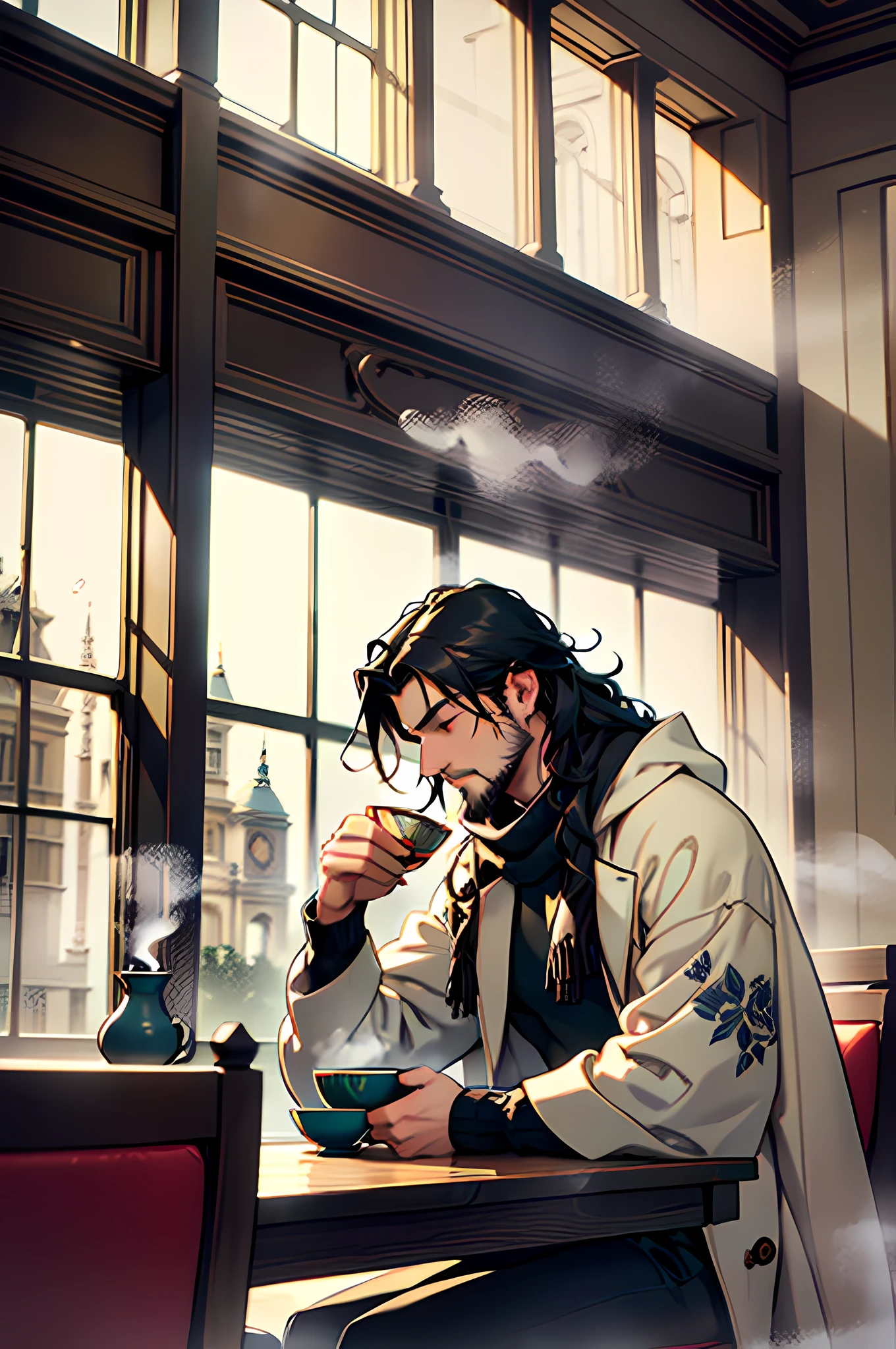 a young man with a relaxed appearance seated in a cozy London café. His hair is long, curly, and flows down in soft locks that touch his shoulders. He's wearing a stylish coat, perfect for the city's cool weather, and a scarf wrapped around his neck. His short beard adds a touch of masculinity to his face. The young man is holding a steaming cup of tea, which he delicately raises towards his face to feel its warmth. The fragrant steam wafts into the air, creating a welcoming and relaxing atmosphere. The cup is adorned with traditional floral patterns, evoking the essence of England and its tea culture. The soft light coming through the windows and the classic café decor complete the scene, offering a captivating and intimate image of a moment of tranquility and reflection in the heart of London.