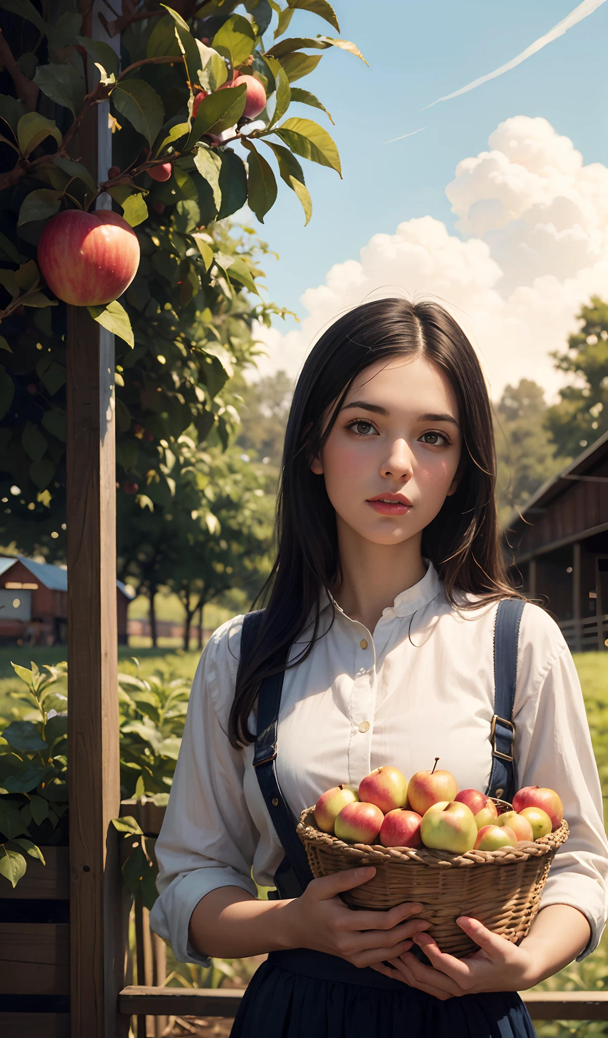 painting of a girl holding a basket of apples in front of a farm, inspired by Grant Wood, by David B. Mattingly, angus mcbride, kenton nelson, darrell k sweet, inspired by Norman Rockwell, by Scott Gustafson, by Jon Whitcomb, inspired by Art Frahm, by Stevan Dohanos, inspired by Peter Rockwell