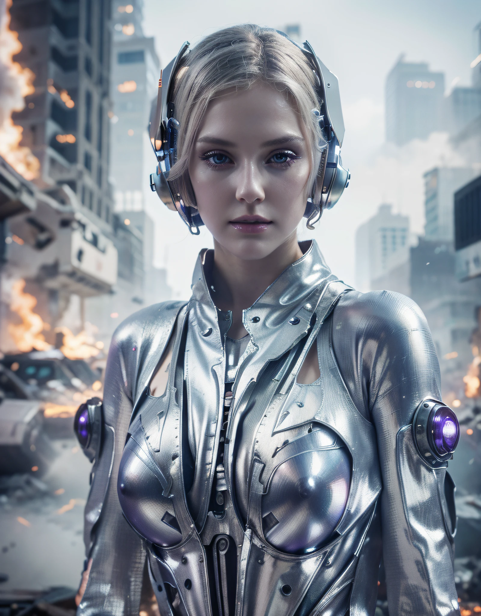 beautiful robotic woman biological face pale white skin pale blonde hair art deco style movie Metropolis metallic silver color, realistic metallic texture, purple eyes, purple details, tubes and cables, she is in a fully destroyed city in flames debris, cables and pipes, ultra realistic, Ultra detailed, Hyper realistic, 4k, Ultra detailed image, realistic, Highly detailed, perfect composition, beautiful intricately detailed incredibly detailed, 8K fine art photography, hyper detailed, Masterpiece