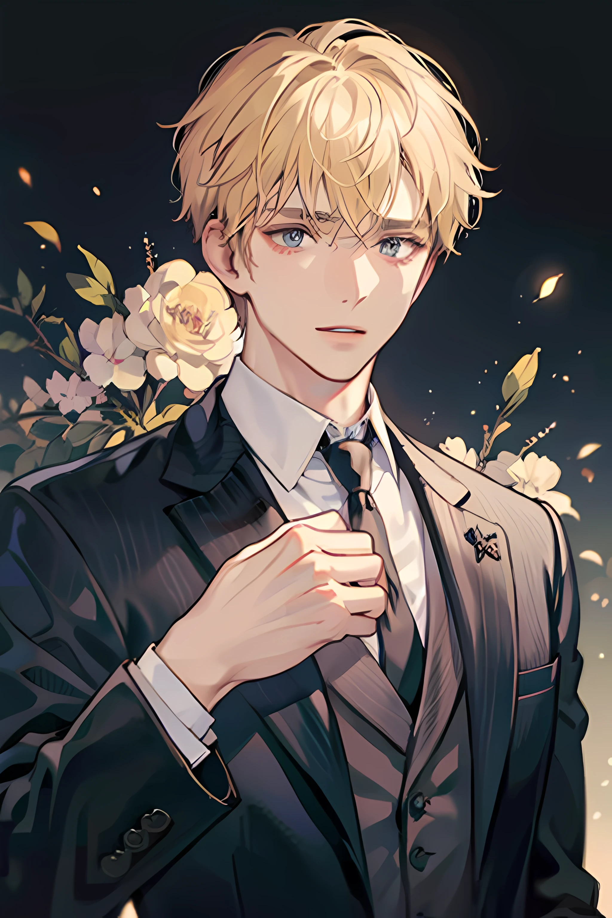 A blond-haired man with grey eyes and a black suit, feminine