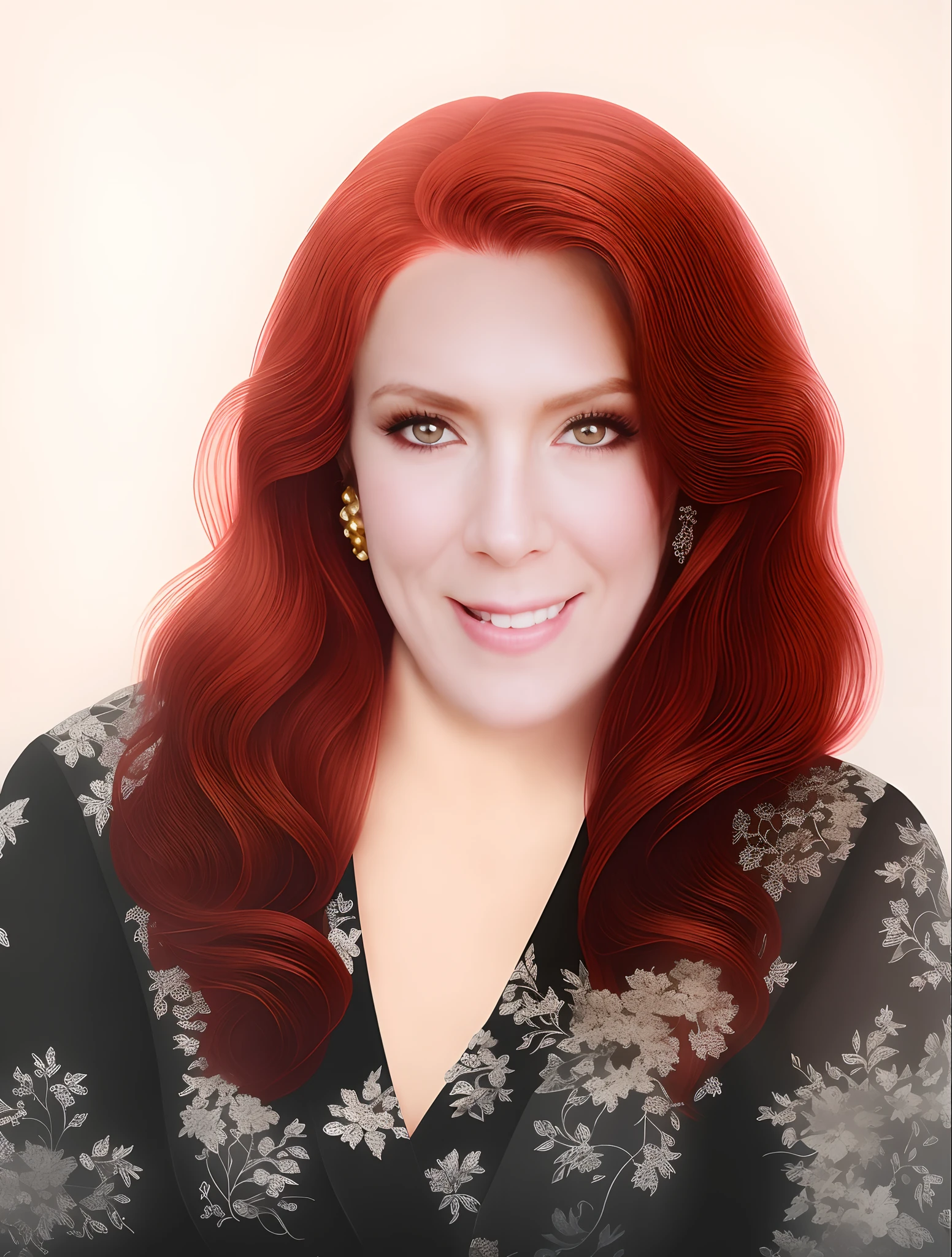 There's a woman with red hair and a black dress smiling, por Elena Teacher, por Aya Goda, arte digital de um elegante, digital illustration portrait, realistic studio portrait, Directed by: Nadya Rusheva, Directed by: Myra Landau, Directed by: Rhea Carmi, inspirado em Julia Pishtar, foto retrato realista, Directed by: Silvia Dimitrova, retrato colorido detalhado