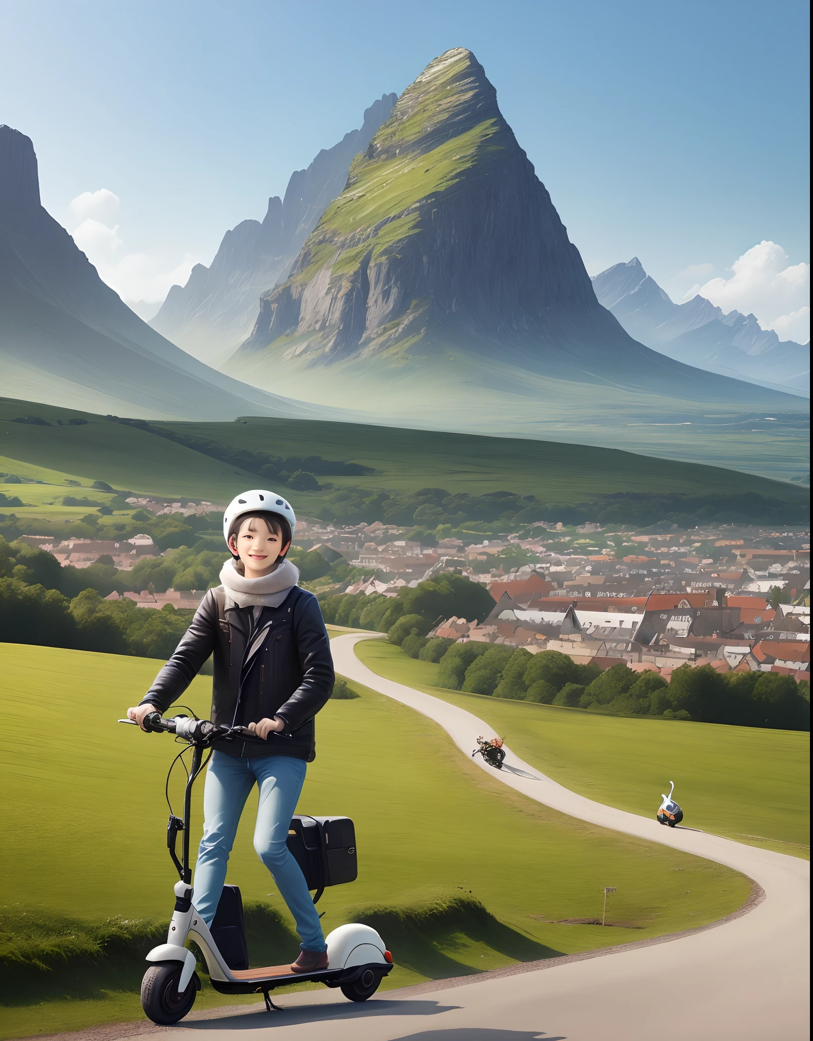 A picture with a beautiful landscape and a cute caterpillar riding an e-scooter