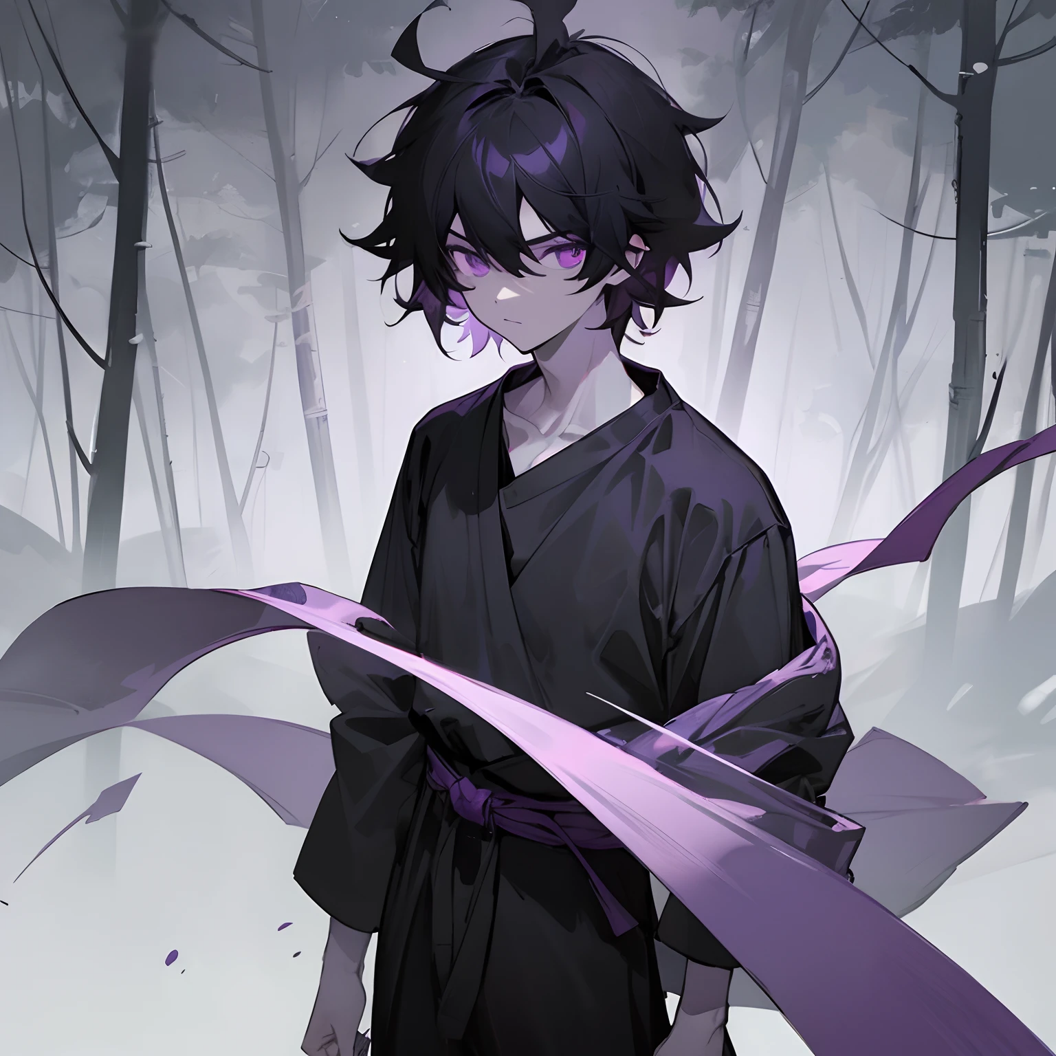 1male , black hair , purple eyes , messy hair , pale skin , black t-shirt with a grey undershirt with slightly longer sleeves , standing in forest background , facing viewer, somber expression , ninja clothing , boy , childrple wrapped belt