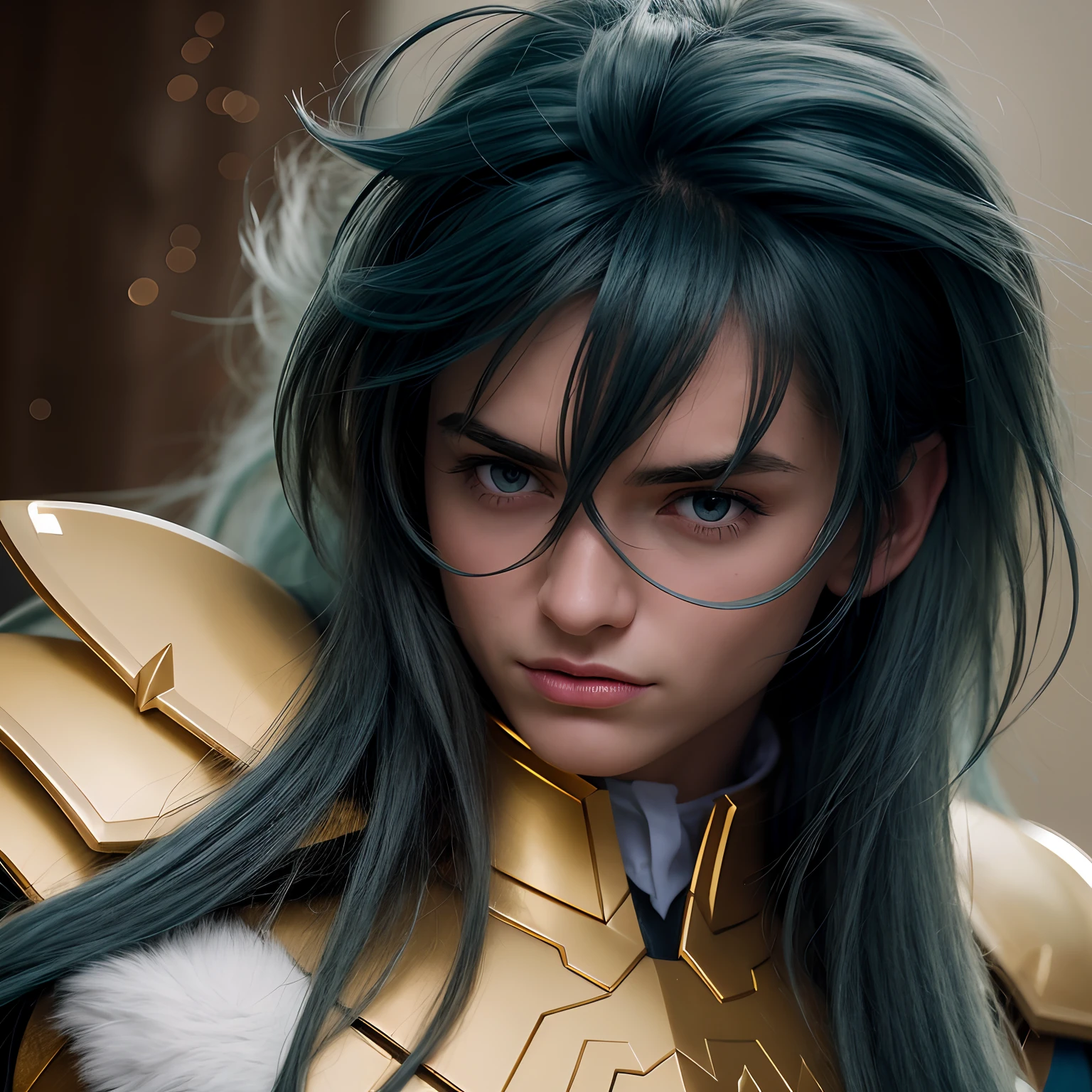 cinemactic, incrivelmente detalhado e ultrarrealista, Camus of Aquarrius Saint Seiya. Close up. He's wearing pretty realistic golden armor. Armadura dourada brilhante. Bright golden armor. Octane is the perfect tool to capture the softest details of this 16k photography masterpiece. He is a handsome white man about (40 years) old. 1 homen. ((French man)). beautiful face. Rosto detalhado. Nariz bonito. nariz fino e alongado. (Olhos azuis muito grandes). olhos azuis perfeitos. ((depilado)).  Strong expression. He has long (light blue) hair. messy hair with bangs. messy hair. Pelas de rosas flutuando em torno ele. Landscape starry sky.