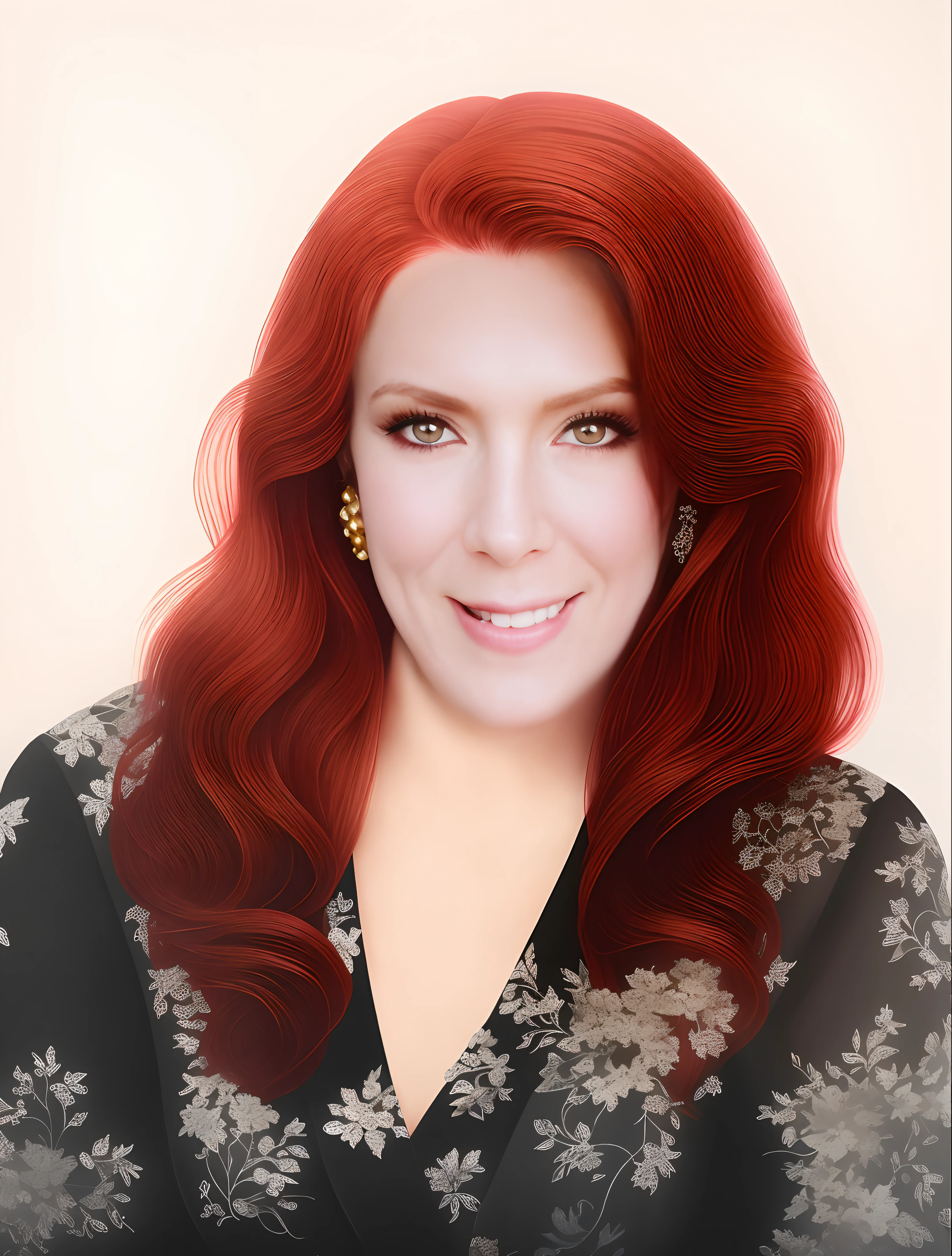 There's a woman with red hair and a black dress smiling, por Elena Teacher, por Aya Goda, arte digital de um elegante, digital illustration portrait, realistic studio portrait, Directed by: Nadya Rusheva, Directed by: Myra Landau, Directed by: Rhea Carmi, inspirado em Julia Pishtar, foto retrato realista, Directed by: Silvia Dimitrova, retrato colorido detalhado