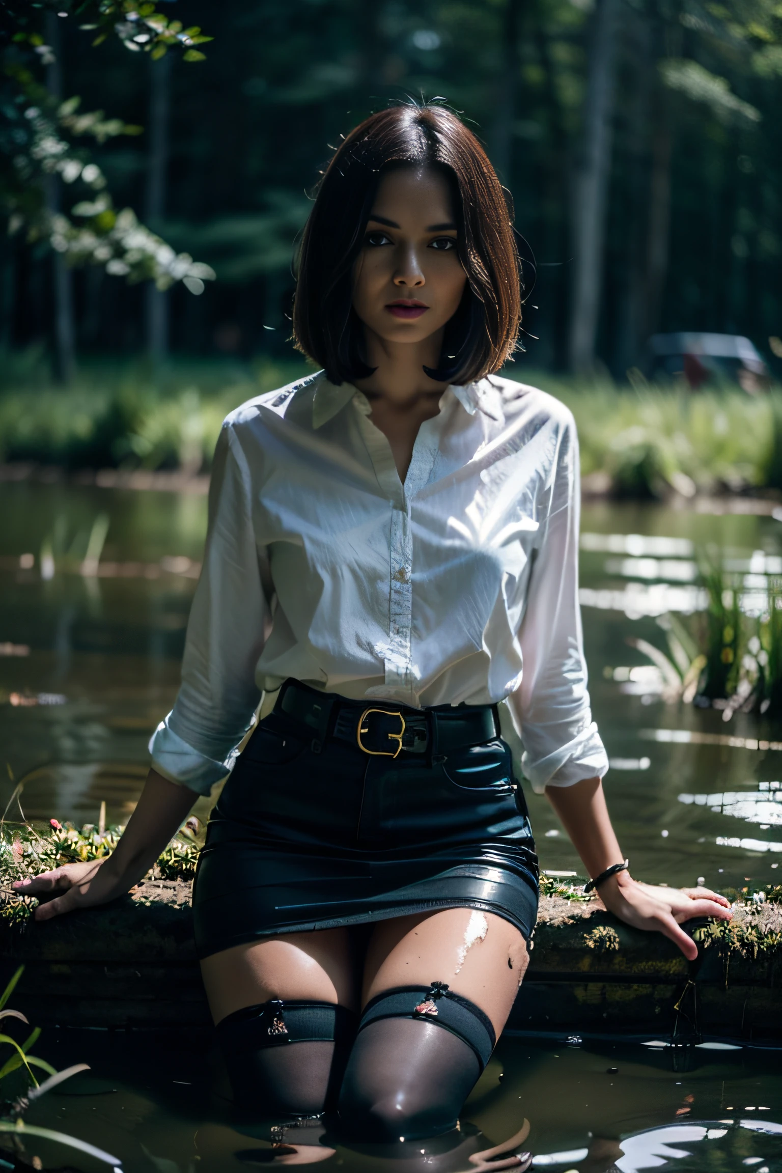 "(Best Quality,hight resolution:1.2),The woman,Expressive wrinkles,Bob haircut,jeans skirt,blouse,dark lace stockings with garters, ( drowning in a swamp:1.2),Detailed eyes and face,long eyelashes,expression of despair,Dark and moody lighting,ominous vibe, death"