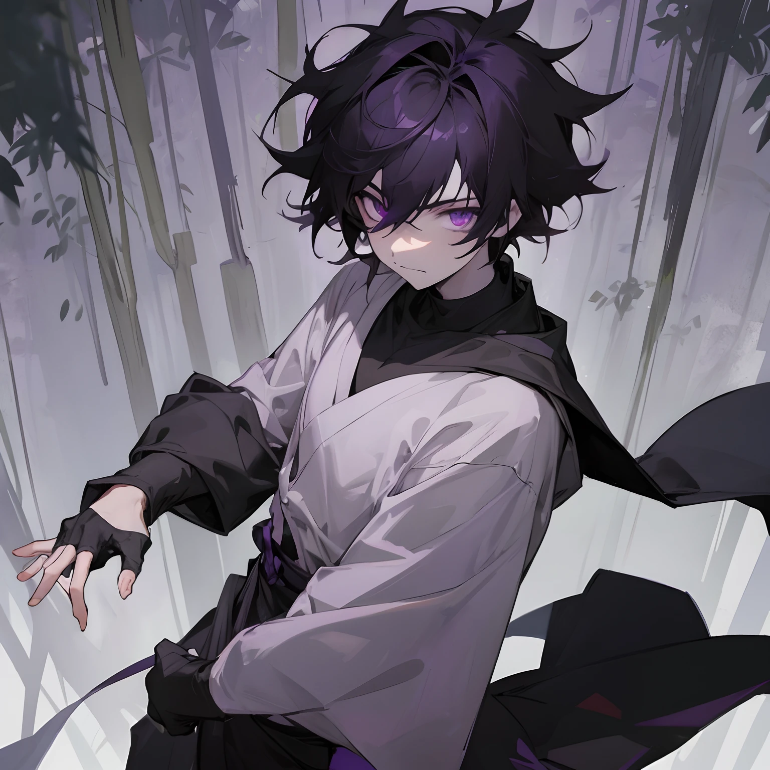 1male , black hair , purple eyes , messy hair , pale skin , black t-shirt with a grey undershirt with slightly longer sleeves , standing in forest background , facing viewer, somber expression , ninja clothing ,  boy , childrple wrapped belt