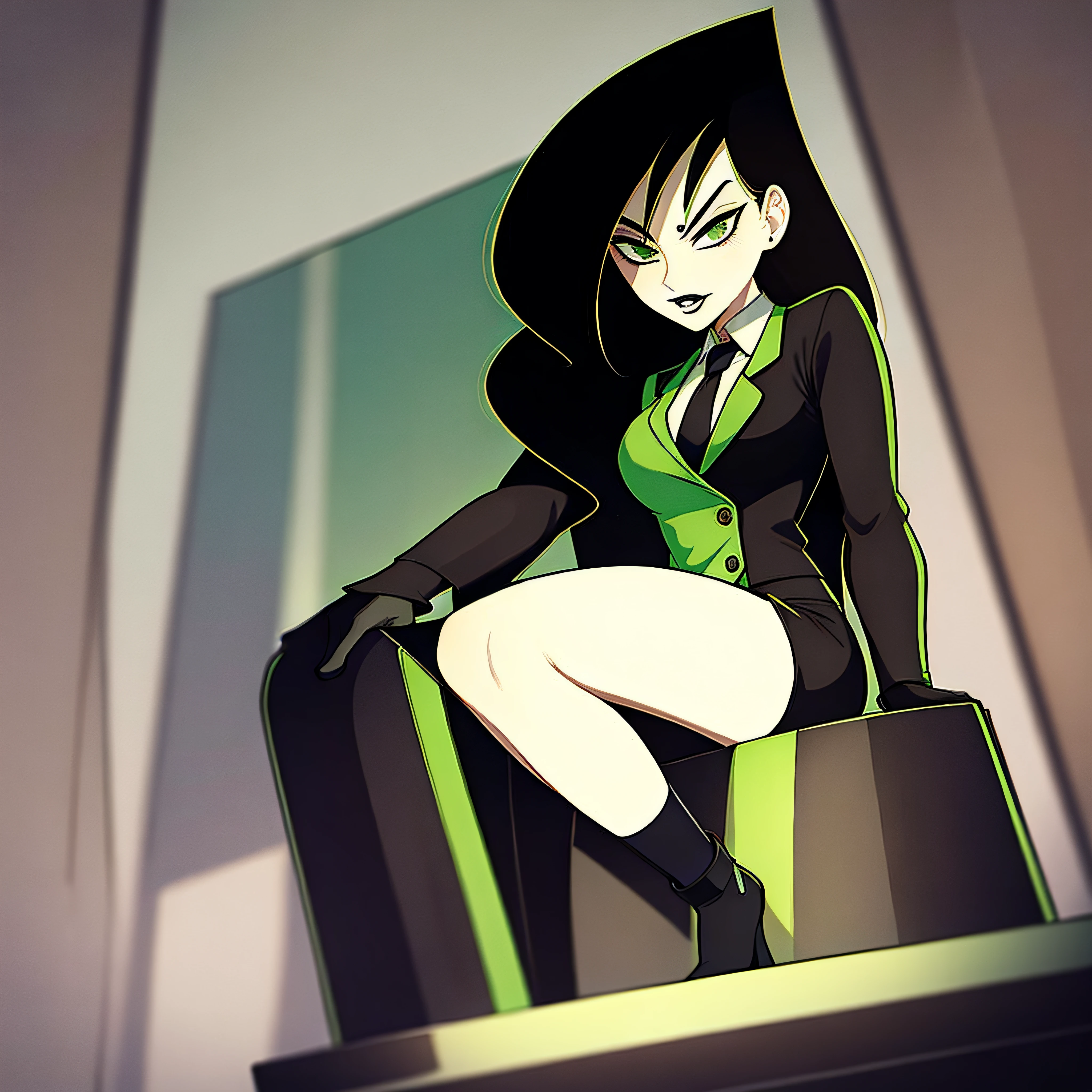 shego, 1girl, black hair, black lips, green eyes, lips, long hair, looking at viewer, makeup,  skirt suit, (((three-piece suit))), (((necktie))), blazer, (((suit jacket))), (((waistcoat))), double-breasted waistcoat, bodycon miniskirt, pencil skirt