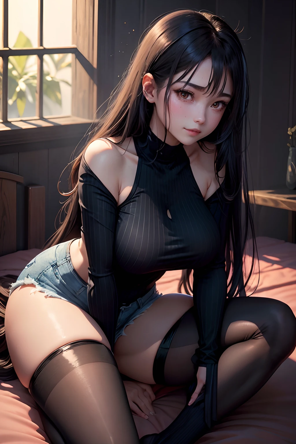 Long sleeve trainer、Loose trainer、Long Trainer、A slight smil、Transcendent beauty、Dark Gothic Makeup、Sweat glistens on my face、Heavy sweat on my thighs glows、Long hair straight hair、Brown hair、Transcendent cute face、Sit up、a bed、sprawl、Dark blush、masutepiece、8K、dark black eye shadow、24 year old、wretched、Super Large Long-Length Trainer、Gothic Room Space、Thighs glow a lot of stickiness.、chies、Too large tops、Sweat shining profusely on the thighs、A smile、Smile、Underwear black、Transcendent Denim Pants Short、Denim pants super short、Mini Hot Pants、Tight denim pants、Slender system、Stained glass background、boredom、Sexy look、Panting face、A sexy、Sad face、Sweat shins on the face、Shot in loose、Photographed from afar、Shot with a pull、Arms put to the side、Dark black knee-high socks、Dark Black Thigh Socks、