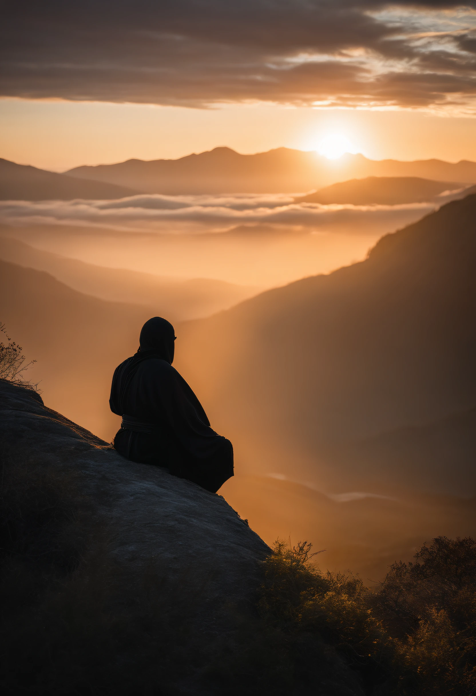 ninja de frente meditando na montanha, espada, roupa preta, Sunrise behind the ninja, hiper realista