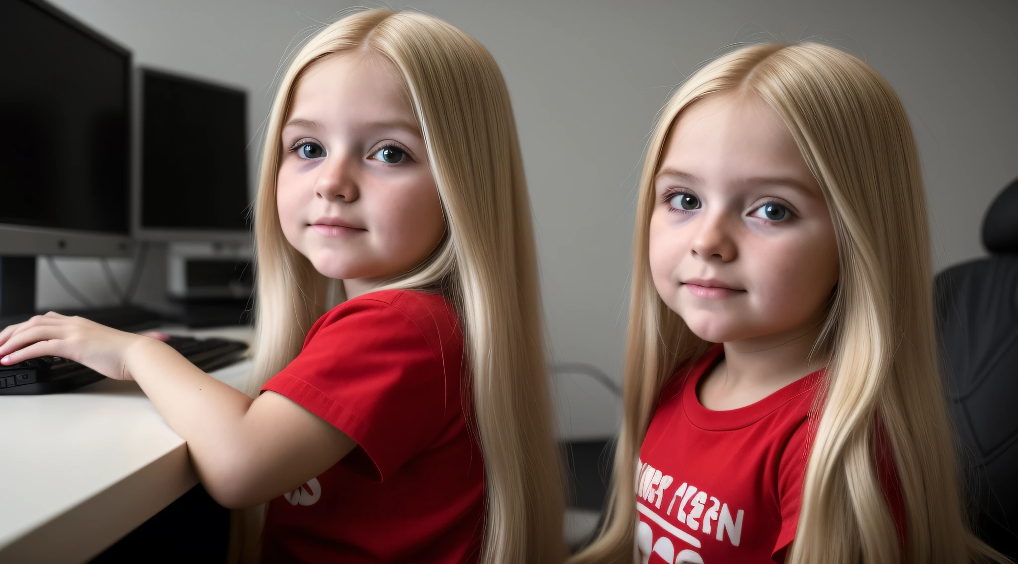 BLONDE LONG HAIRED CHILD GIRL, com capuz vermelho sentada em frente a um computador, com capuz, red and cinematic lighting,