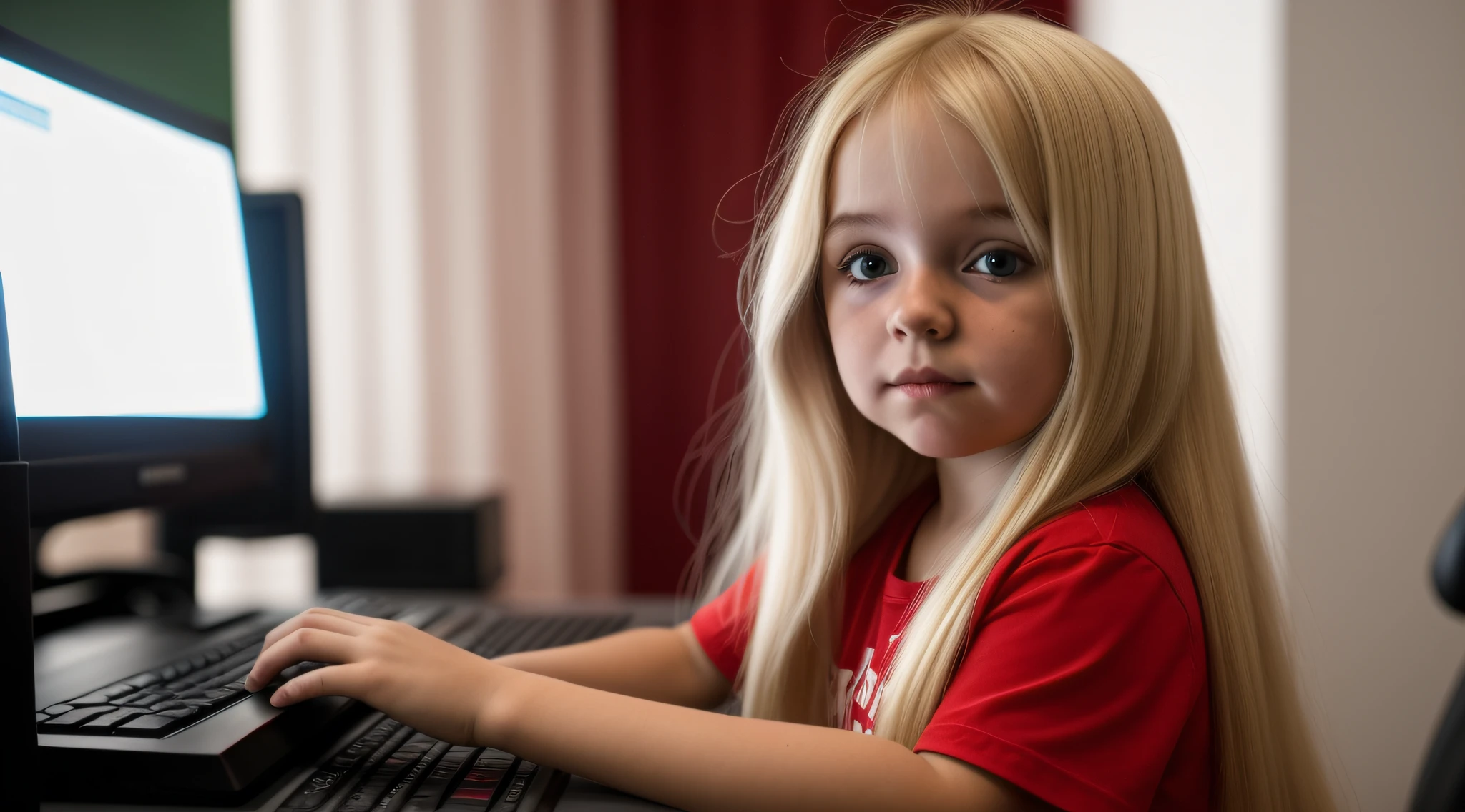 BLONDE LONG HAIRED CHILD GIRL, com capuz vermelho sentada em frente a um computador, com capuz, red and cinematic lighting,