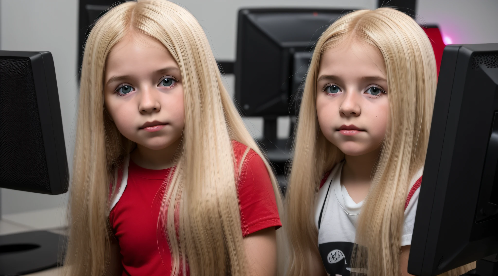 BLONDE LONG HAIRED CHILD GIRL, com capuz vermelho sentada em frente a um computador, com capuz, red and cinematic lighting,