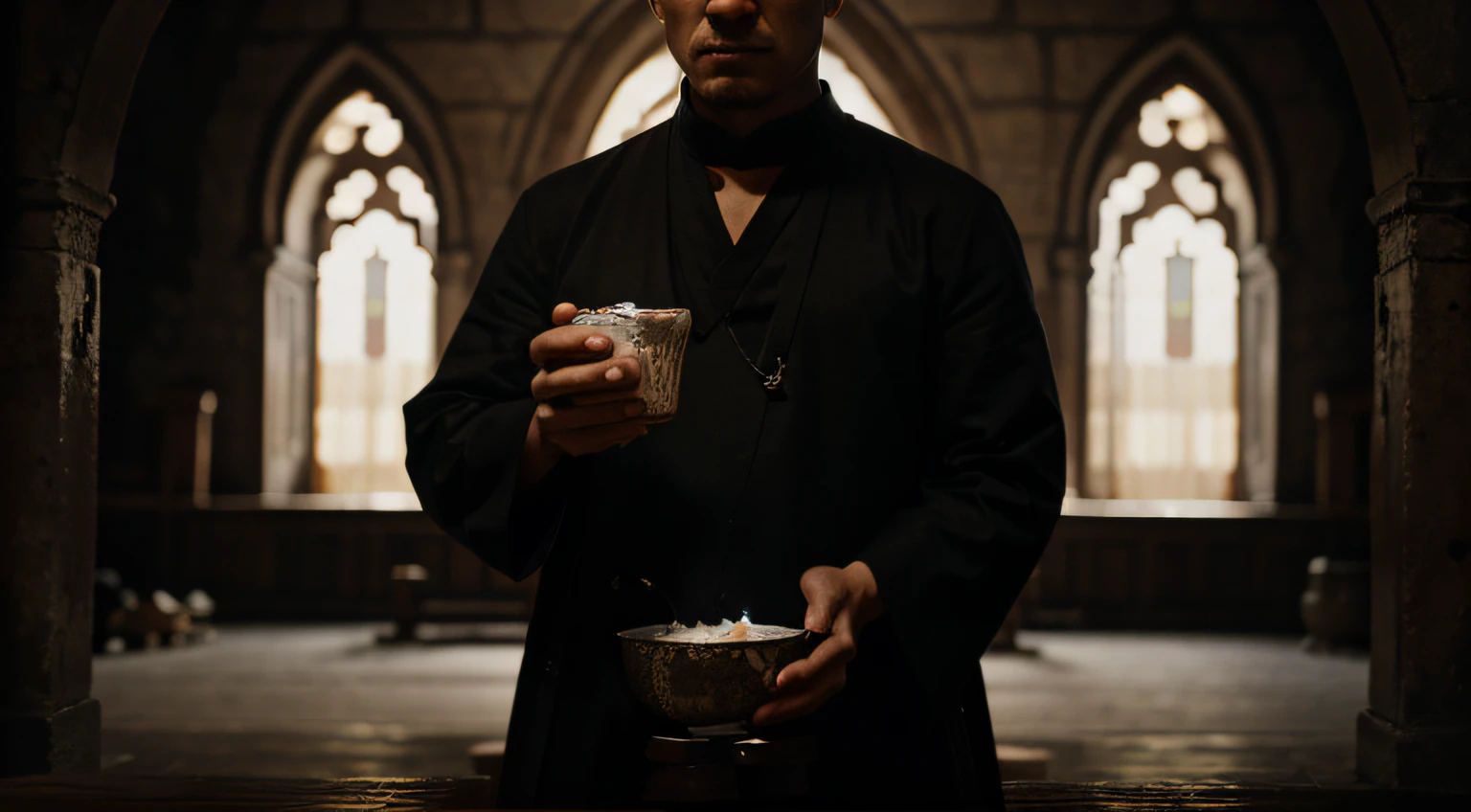an epic poster, a dark background of EM a monastery, a monk who is standing in the center, he looks exhausted and is eating a bowl of oatmeal-like goo,