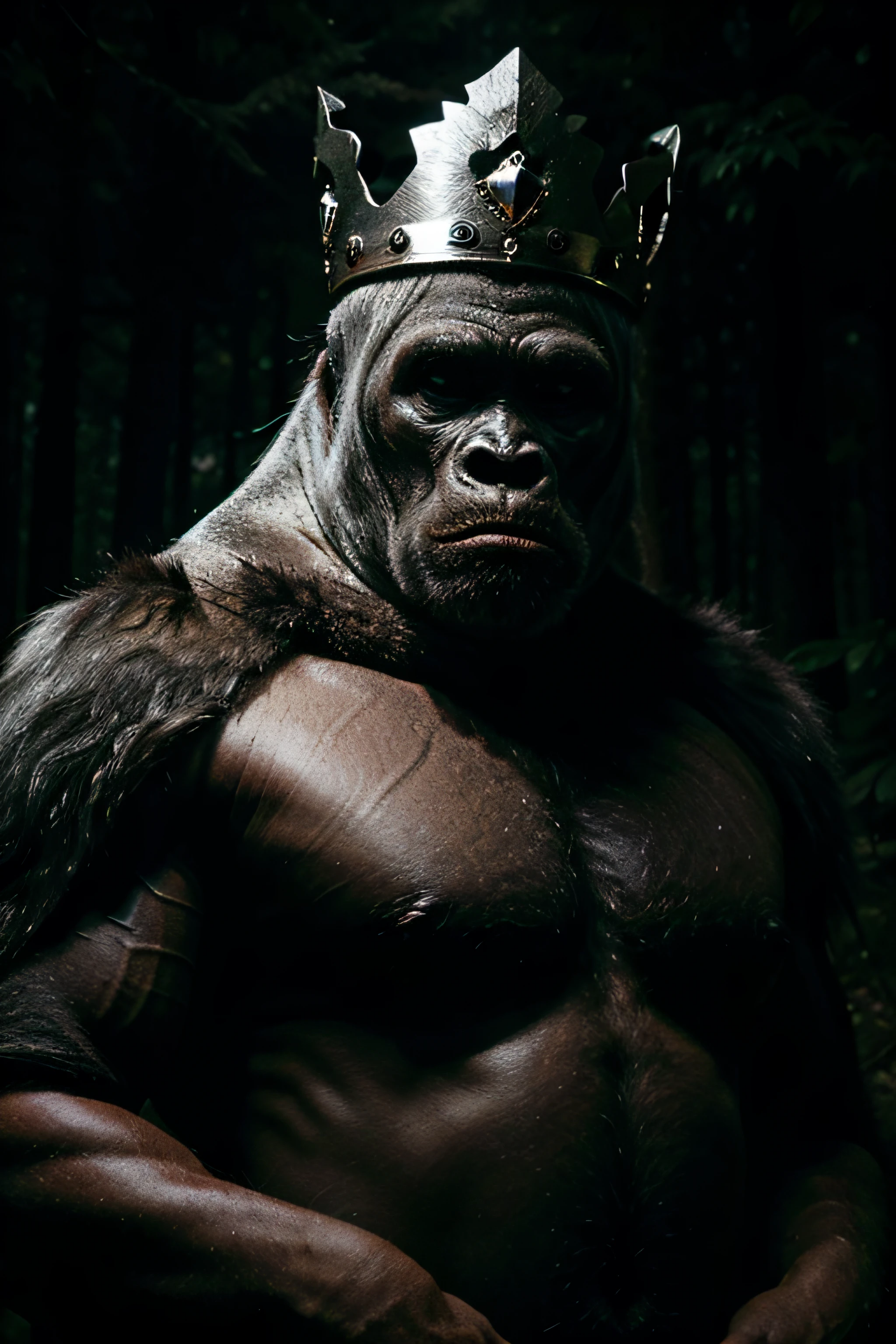 silverback wearing a crown in a dark forest background