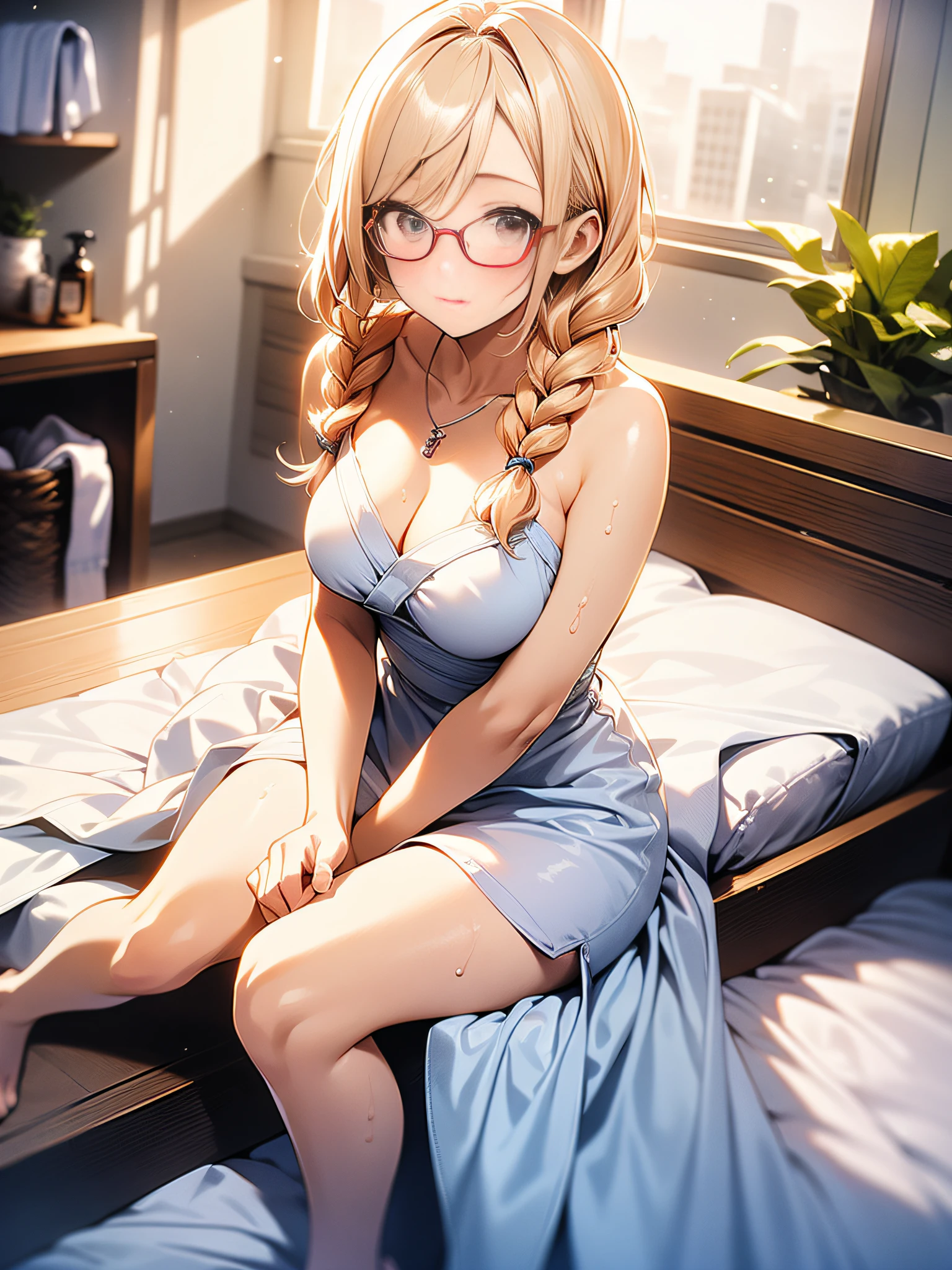 in 8K、top-quality、masterpiece、ultra-detailliert、Ultra-high resolution、((1 persons))、girl with、braided、a blond、makeups、a necklace、Big round lens glasses、Small breasts、Wrap a bath towel around your body、cleavage of the breast、(((Sit on the bed)))
