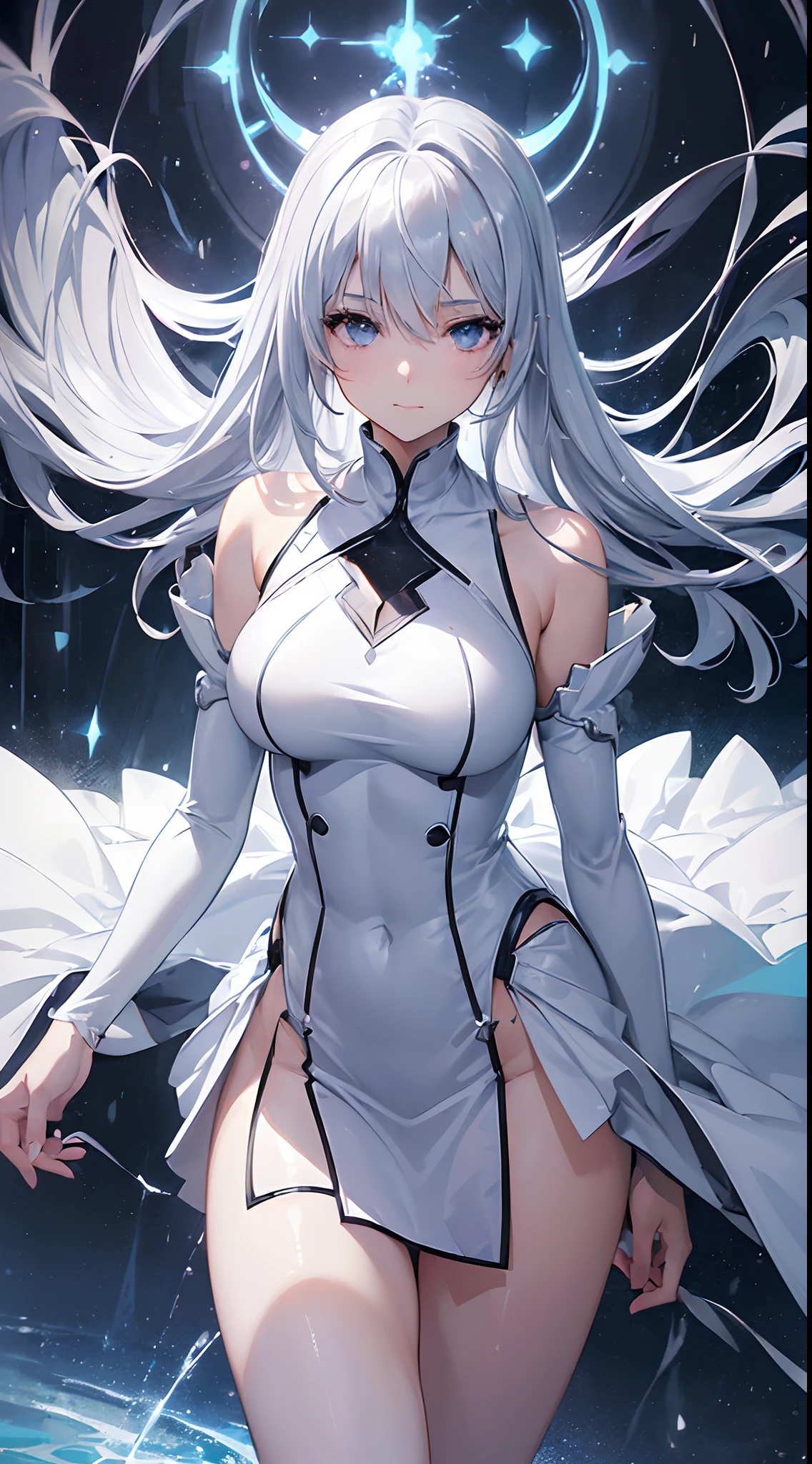 (incredible ridiculous resolution:1.6),Anime girl,Silver bright hair,Manga wallpaper,depressed eyes,(perfect body),(wearing whites stylish dress),sad smile,best quality,highly detailed anime art,sharp quality,8k quality,high detail background with rain,thighs,white skin,beautiful body,1girl,lonely,looking at the viewer,clean face,no anatomy mistakes