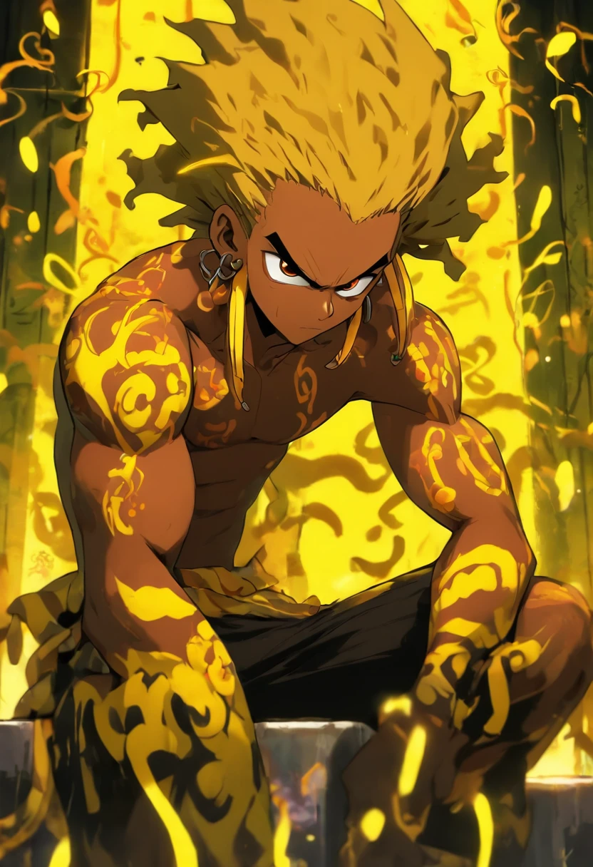 A animation movie Poster, Afro-American man, slightly downturned nose, black beard, arched eyebrows, with a chiseled jawline, slim face, blonde dyed dreadlocks, angry face, fit body, scar on his face, sitting on a chair in an empty room, lighting focused only on title, shirtless, black long pants, prison, thin yellow tentacles behind him, graffiti markings around, detailed textures, style expressive