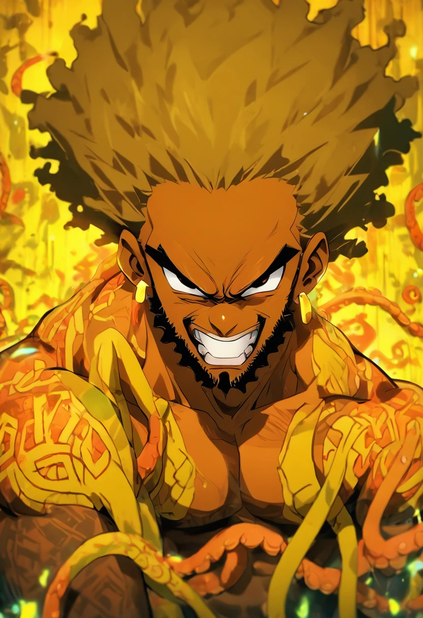 A animation movie Poster, Afro-American man, slightly downturned nose, black beard, arched eyebrows, with a chiseled jawline, slim face, blonde dyed dreadlocks, angry face, fit body, scar on his face, sitting on a chair in an empty room, lighting focused only on title, shirtless, black long pants, prison, thin yellow tentacles behind him, graffiti markings around, detailed textures, style expressive