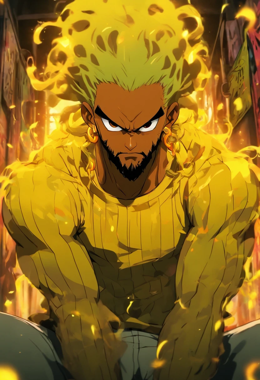 A animation movie Poster, Afro-American man, slightly downturned nose, black beard, arched eyebrows, with a chiseled jawline, slim face, blonde dyed dreadlocks, angry face, fit body, scar on his face, sitting on a chair in an empty room, lighting focused only on title, shirtless, black long pants, prison, thin yellow tentacles behind him, graffiti markings around, detailed textures, style expressive