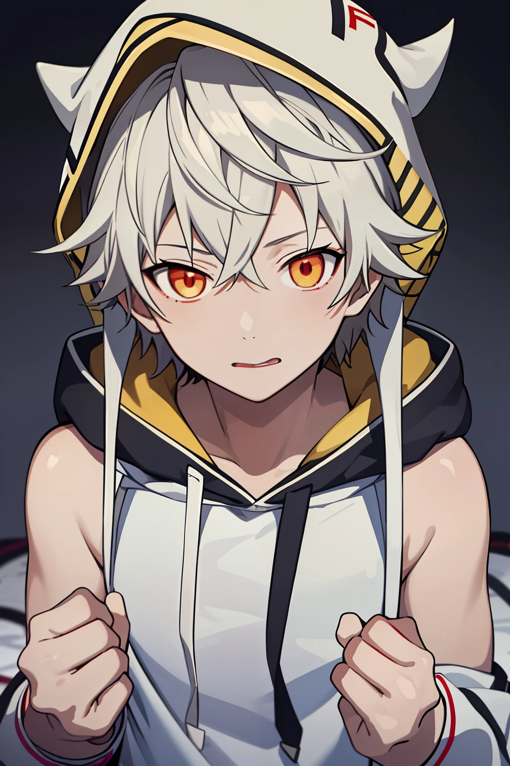 masterpiece, best quality, high quality, yukine, two boy girl, two, male focus, upper body, looking at viewer, hood, hoodie, hat , girl ,black hoodie , white hair , yellow eyes