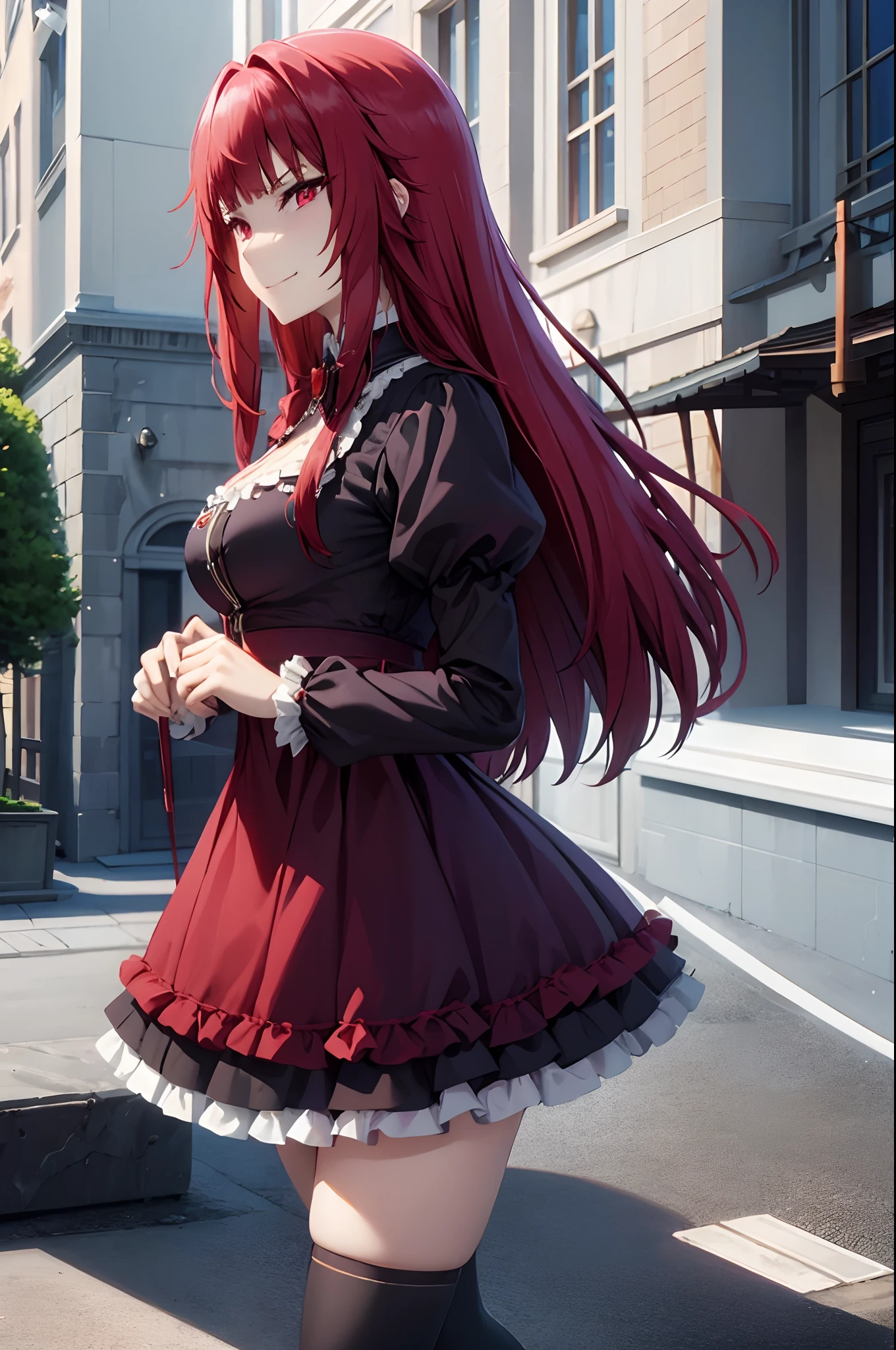 #Basics A girl is posing for a photo, ((One Girl)), (((Baby Face:1.2)) + ((cute:1.3))), 
break 

#Clothing Accessories 
(((Black and Red:1.4)Gothic Lolita Dresses) : Elegant + (Quinceanera Dresses) + Gothic Lolita Fashion + (Floor Length + Long skirt dress:1.4) + (Black and Red)jabot + ((Black and Red)corset) + ((Black and Red)Headdress) + ((Black and Red)bonnet)) + (Black High Heels), 
red gem earrings, Fancy Necklace,  
break 

#Features 
((Silver Hair:1.4)), (Straight bangs + trimmed bangs), (Twin tails : Long Hair + Straight hair + Black and Redのレースリボン),  
(Droopy eyes, blue eyes), (Very small breasts), 
break 

#background environment 
(noon, (The garden of a large Western-style mansion + Garden of roses + sunlight shines)), 
#Facial Expression Pose 
((Smiling loudly, blush), (A confident and graceful pose, Dynamic Pose)), 
#composition 
(To the camera, Focus from below, (Cowboy Shot)),  
break 

#Body parts elements 
(Slim figure), 
(Detailed Hair, Beautiful Hair, Shiny Hair), 
(double eyelid, Long eyelashes), 
(Expression of fine eyes, Beautiful and delicate eyes, Sparkling eyes, Eye Reflexes, Glitter Eyeliner, Big eyes:1.2), 
(Human Ear), 
(Beautiful Nose, Thin Nose), 
(Glossy Lips, Beautiful Lips, Thick lips, Glossy Lips, Natural Cheeks), 
(Detailed face, Symmetrical facial features), 
(Detailed skin, Textured skin, Beautiful Skin, Glowing Skin), 
break 

#Quality Image Quality Common 
(((Highest quality)), ((masterpiece)), ((Very detailed))), ((High resolution)), ((16K,1080P)), 
(Anatomically correct), (Realistic), (3DCG), 

#Quality image illustration 
((comics, anime)), CG illustration, 
