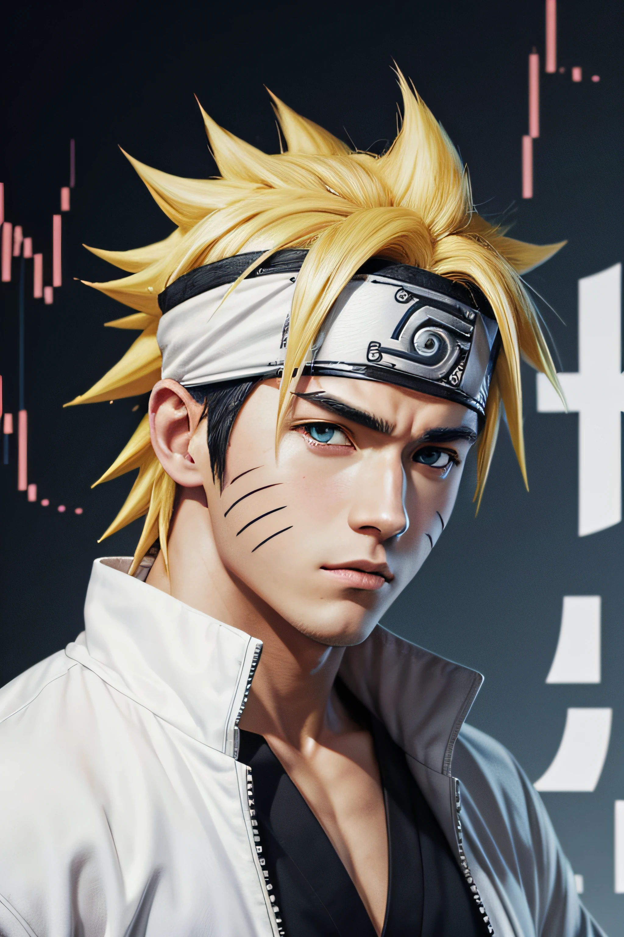 create a full image of naruto holding a forex trading chart and his wearing all white and his head band should have a dollar sign