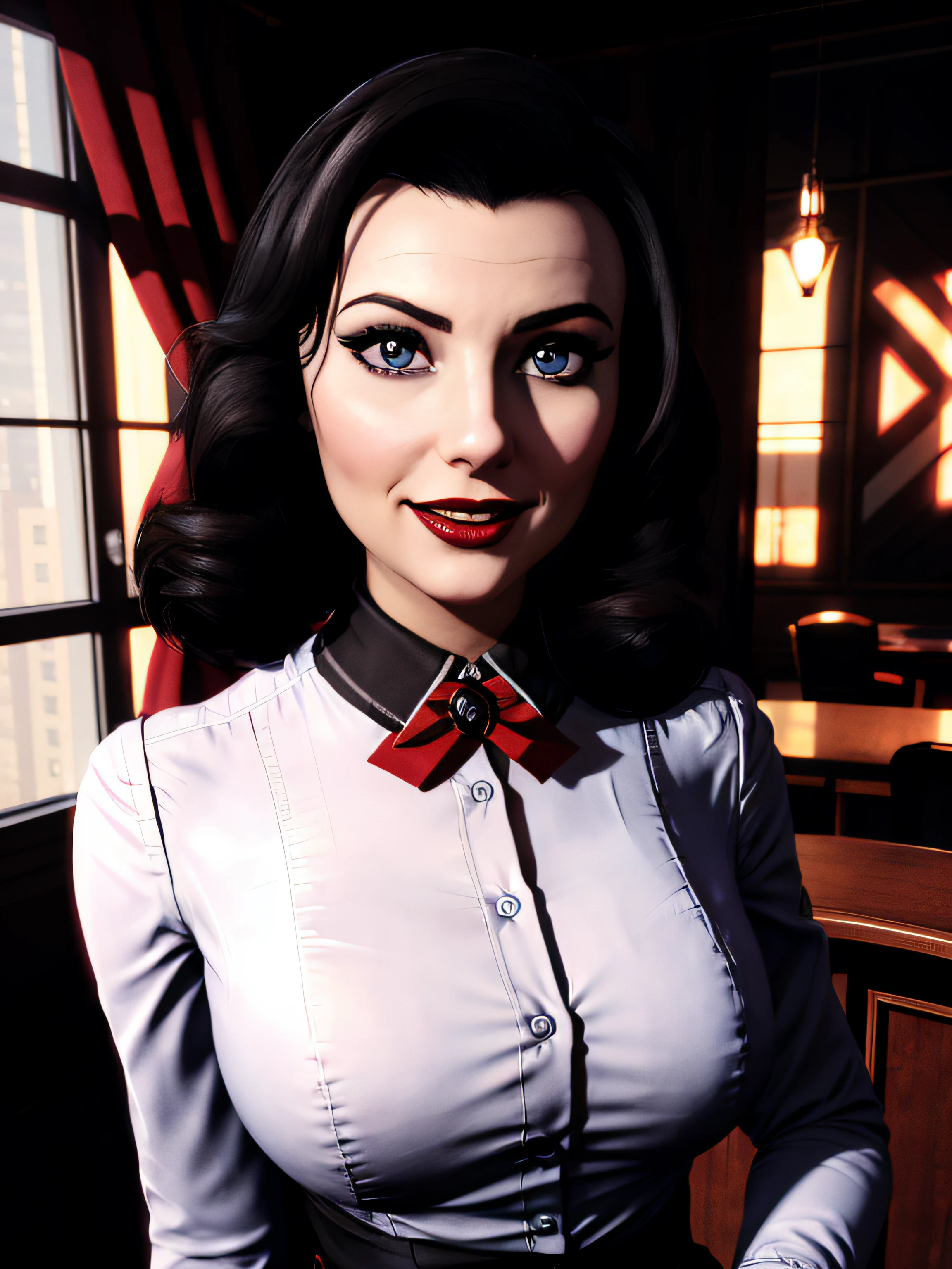 Elizabeth comstock, Portrait, cleavage, smiling a viewer, (dessous), red lipstick, at detectives office, noire (8k, RAW photo, best quality, masterpiece:1.2),ultra-detailed, (high detailed skin:1.2), 8k uhd, dslr, soft lighting, high quality,